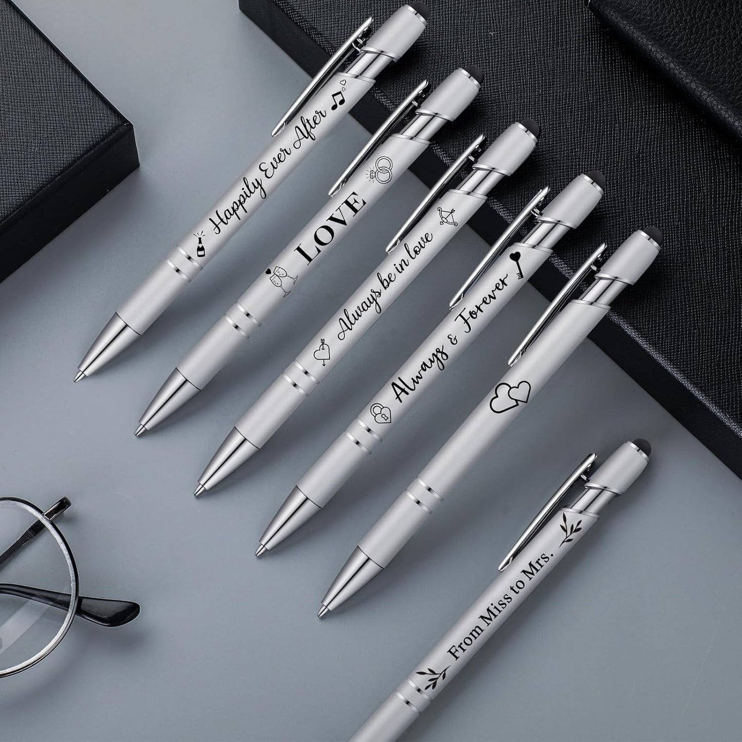 Kisston 36 Pcs Wedding Pens Bulk Bridal Shower Pens Favors Bachelorette 6 Styles Retractable Ballpoint Wedding Favors Supplies for Guest Game Office(Silvery)