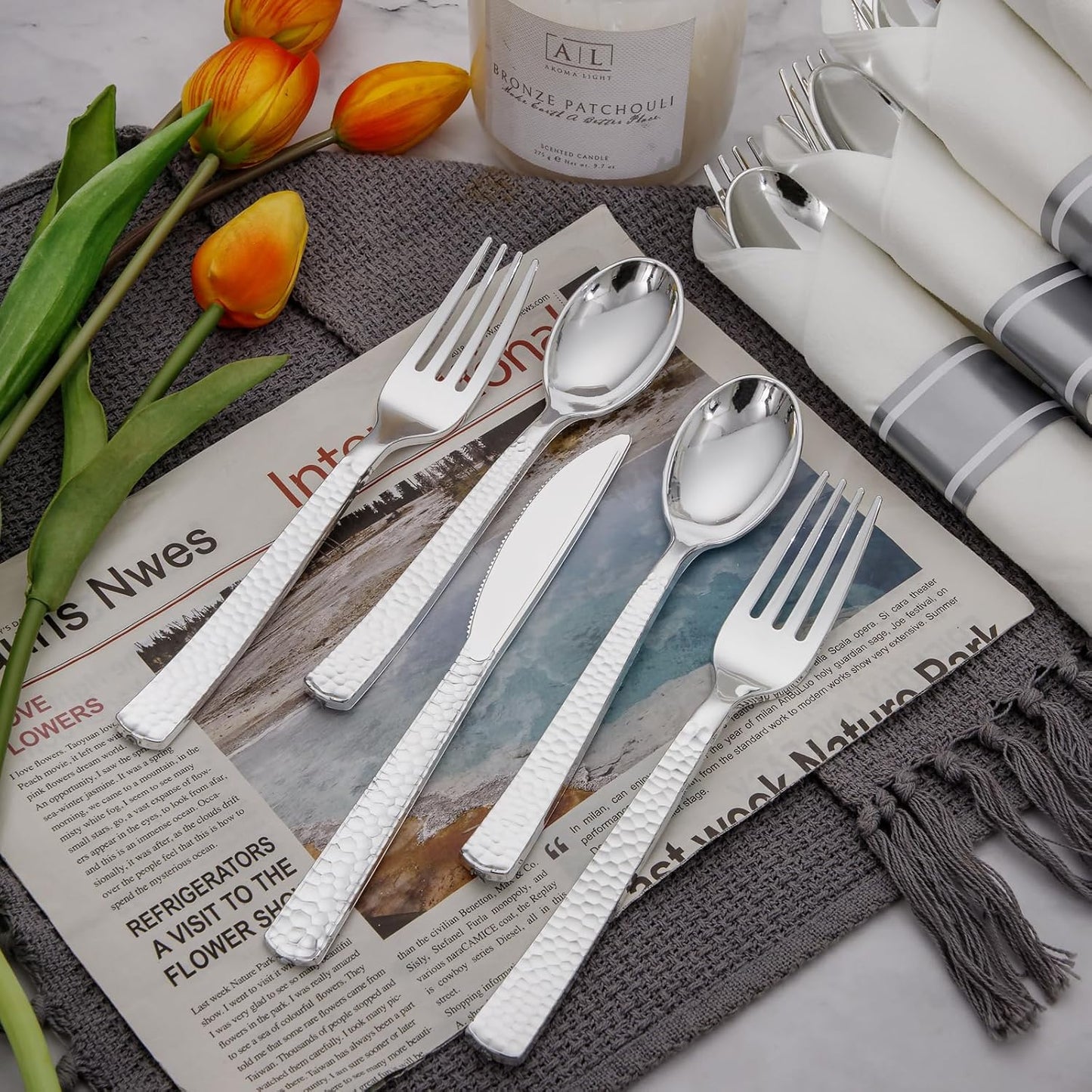 Supernal 60 Pack Pre-Rolled Silver Plastic Cutlery Heavy Duty Wrapped Silverware Disposable Premium Silver Plastic Silverware Forks and Spoons for Halloween Thanksgiving Christmas