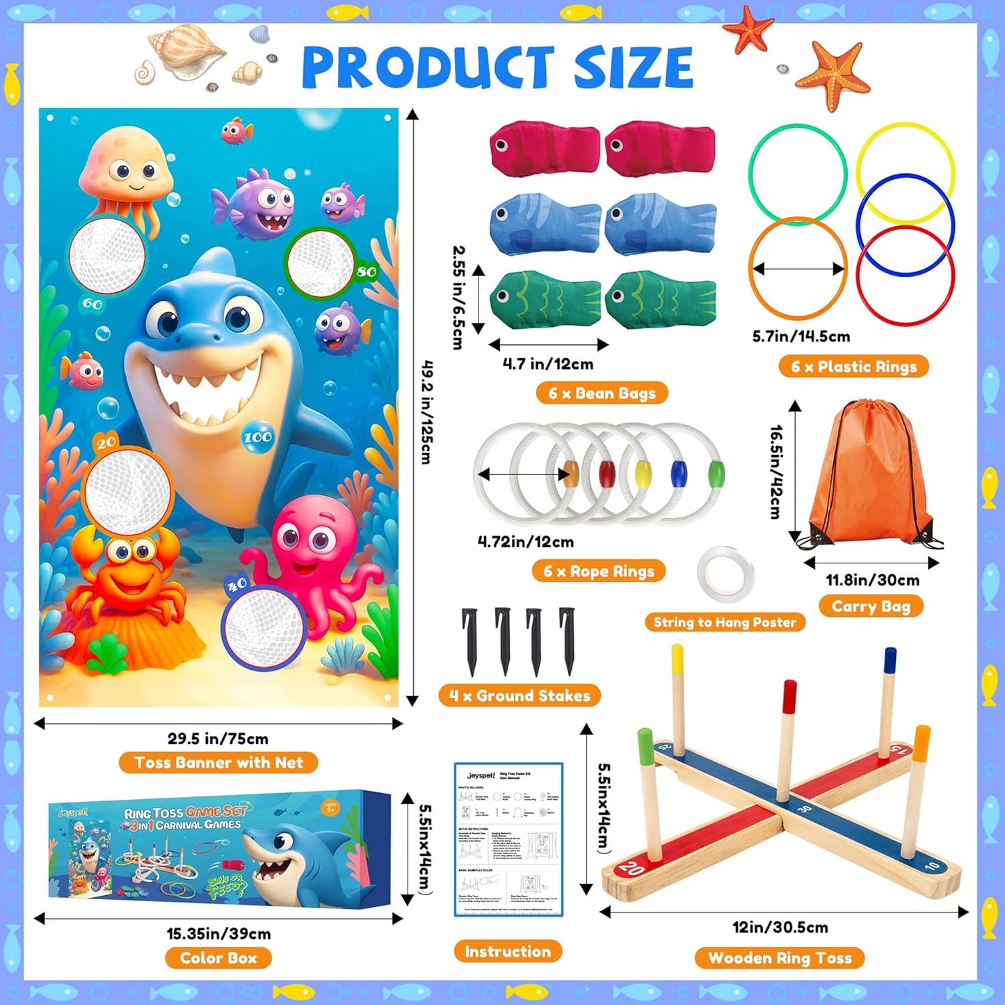 3-in-1 Carnival Games Set with Wooden Ring Toss, Bean Bags & Rope Rings | Outdoor & Indoor Toys for Kids, Adults, Family | Lawn Games for Garden, Birthday Party, Backyard Fun