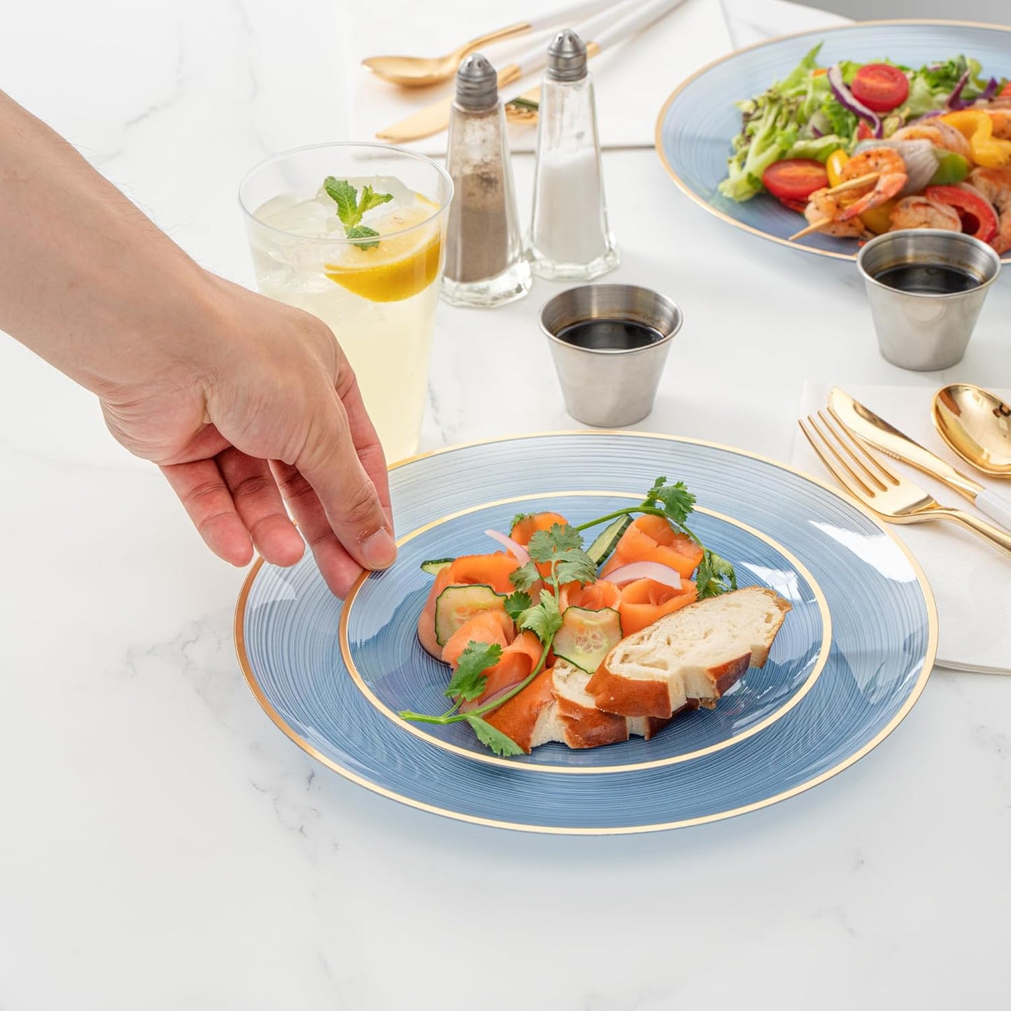 Restaurantware Plastic Plates 40 Pcs 7.13" and 10" Combo Gold Rimmed Plate Set Disposable Heavy-Duty Blue Translucent Rippled Plastic Dinner Servers for Party, Weddings, Salads, Desserts