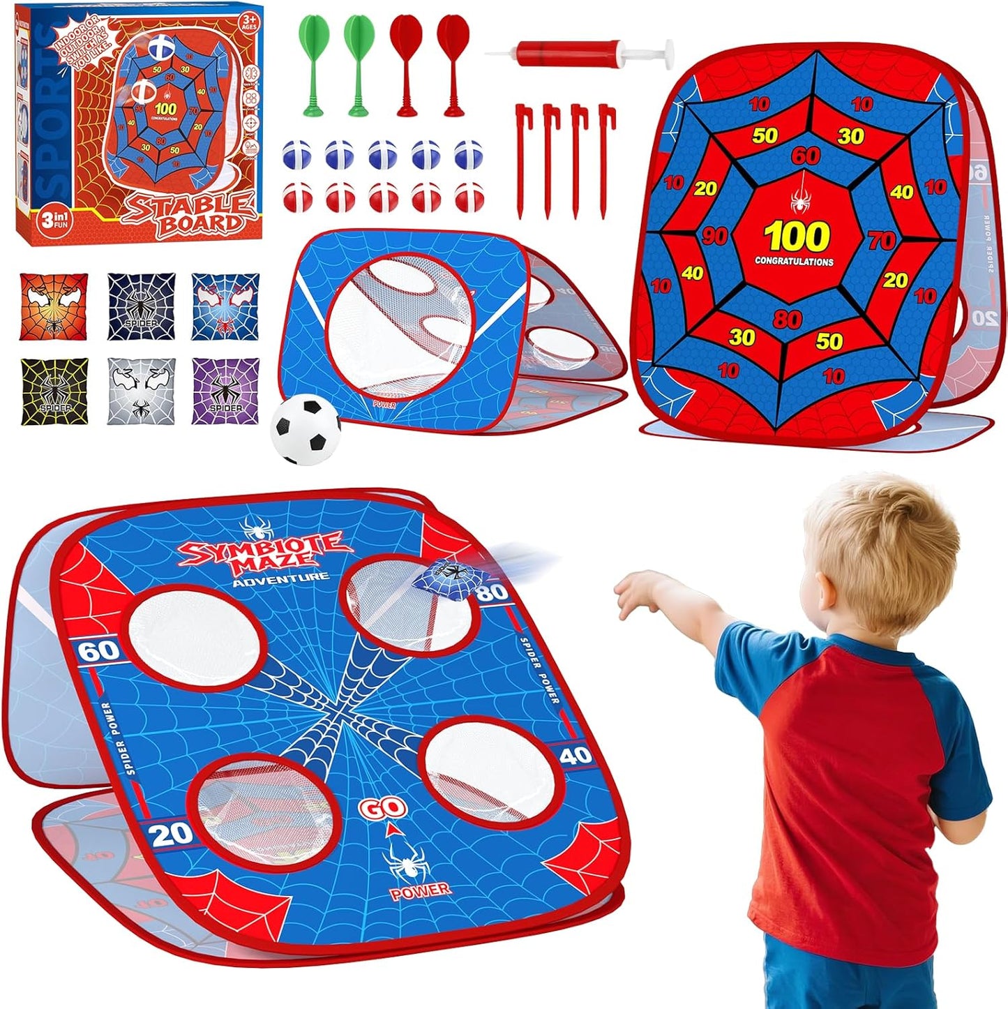 Spider Bean Bag Toss Game for Kids: 4-in-1 Cornhole Board Indoor Outdoor Toys for Kids Boys Girls 3 4 5 6 7 8 Year Old Birthday, Outside Activity Beach Backyard Lawn Family Party Game