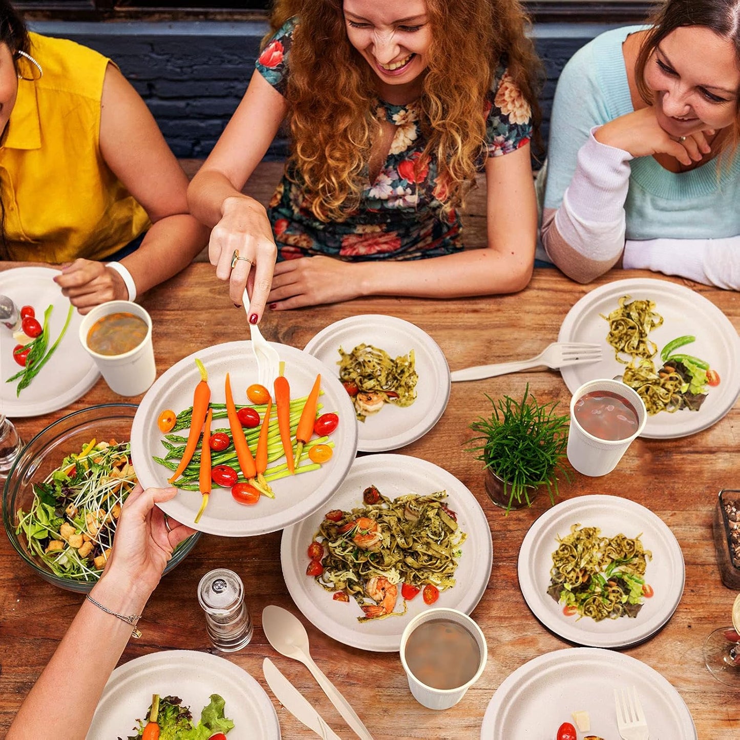 Gezond 350pcs Compostable Paper Plates Set Eco-friendly Heavy-duty Disposable Paper Plates Cutlery Includes Eco-friendly Plate, Forks, Knives, Spoons, Cups and Straws for Wedding Party, 50 Guests