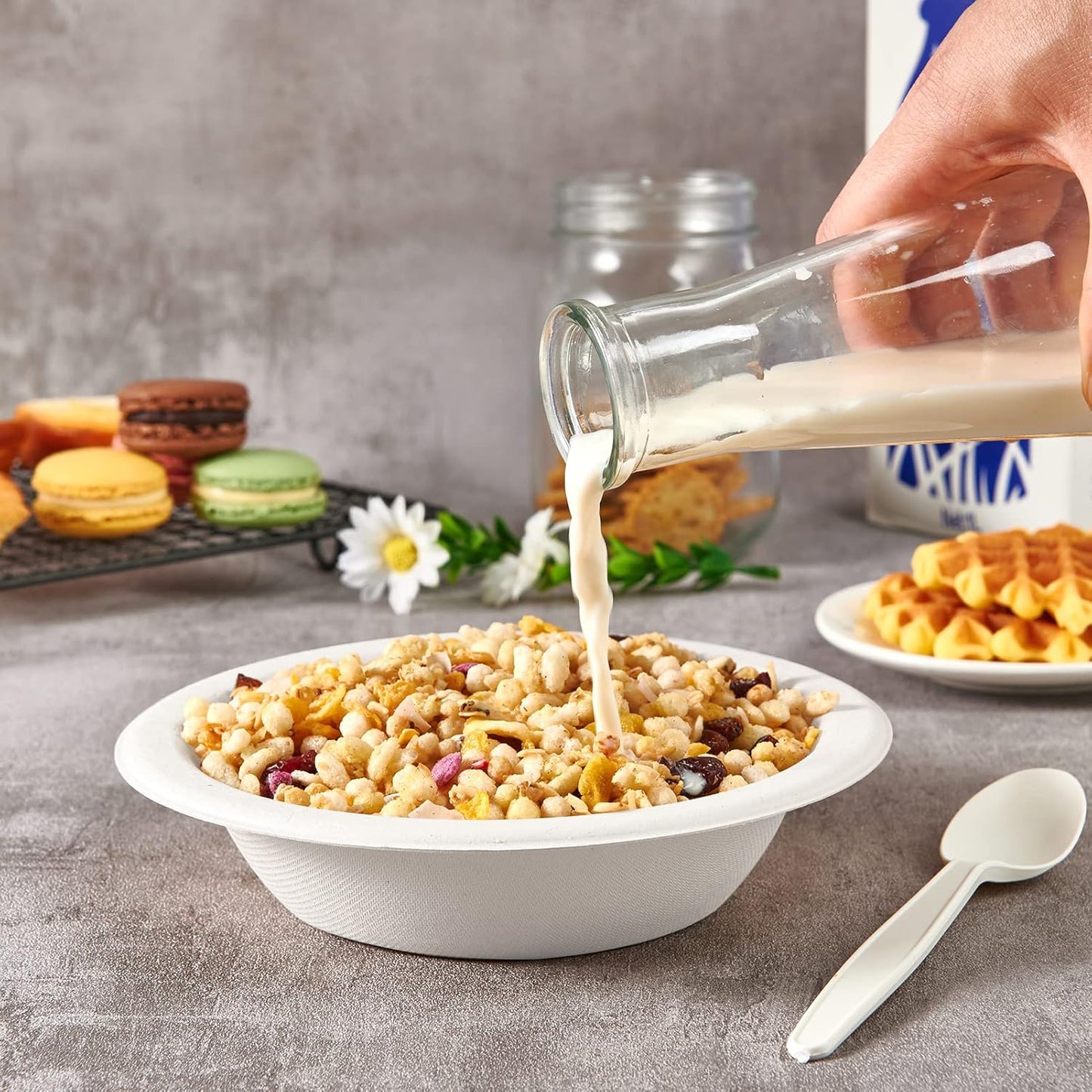 ECOLipak 150 Pack Compostable Disposable Paper Bowls, 12 OZ Heavy duty Biodegradable Eco Friendly Sugarcane Bagasse Bowls Great for Soup, Salad, Milk Cereals