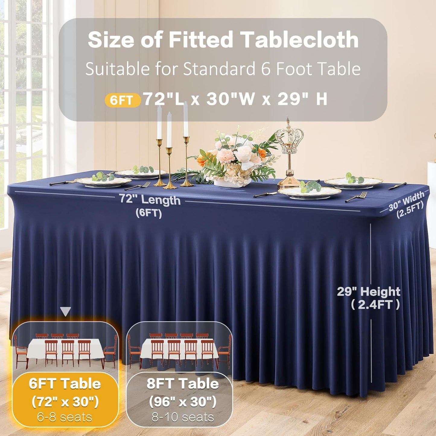 2 Pack Navy Blue Spandex Table Cloth for 6 Foot Rectangle Tables, Wrinkle Free Stretchy Tablecloths with Skirt Fitted Table Covers for Parties Weddings Birthday Banquet Baby Shower