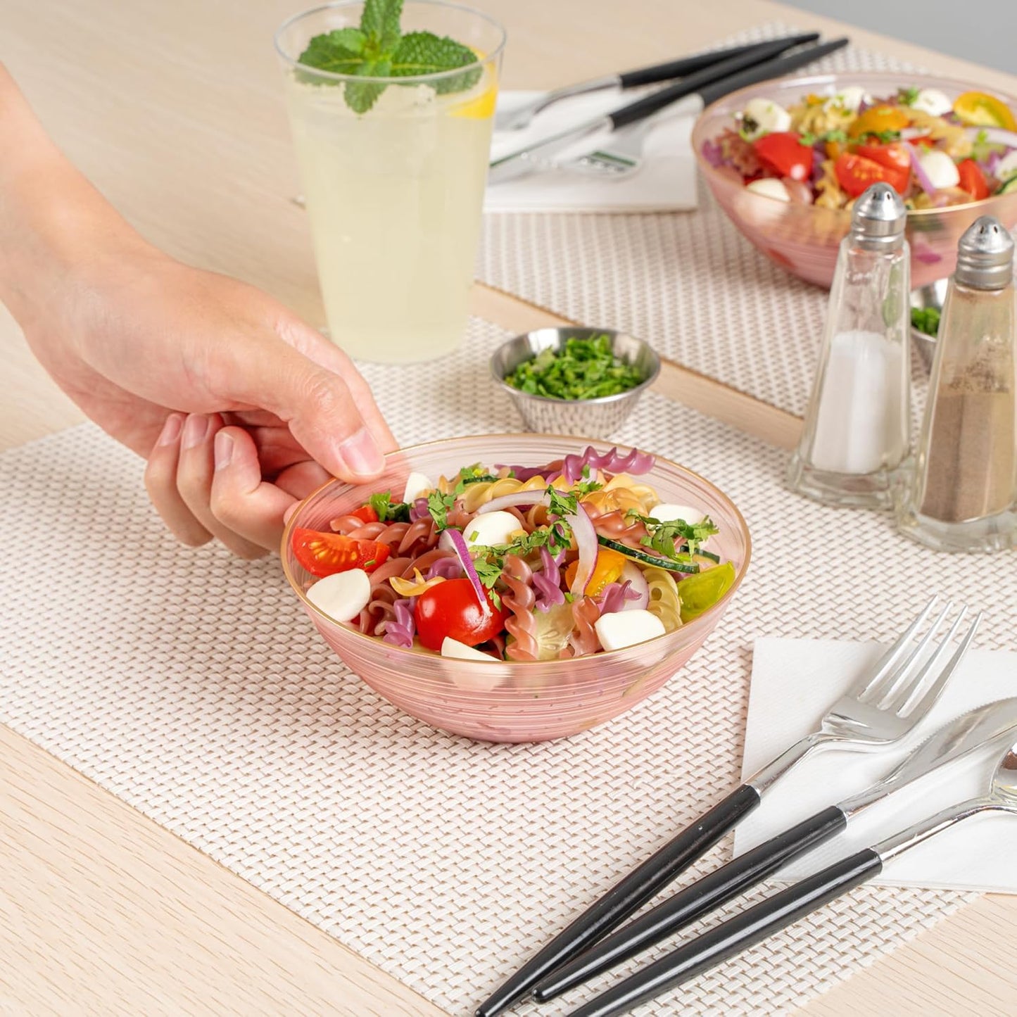 Restaurantware Plastic Bowls 20 Pcs 16 oz Gold Rimmed Disposable Soup Bowls Heavy-Duty Pink Translucent Rippled Dinnerware Containers for Party, Desserts, Salads, Snacks, and Catering