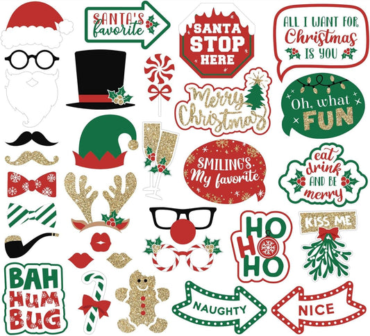 Fully Assembled Christmas Photo Booth Props - Set of 32 - Red, Green, and Gold Selfie Signs - Holiday Party Supplies & Decorations - Cute Xmas Designs with Real Glitter - Did We Mention No DIY