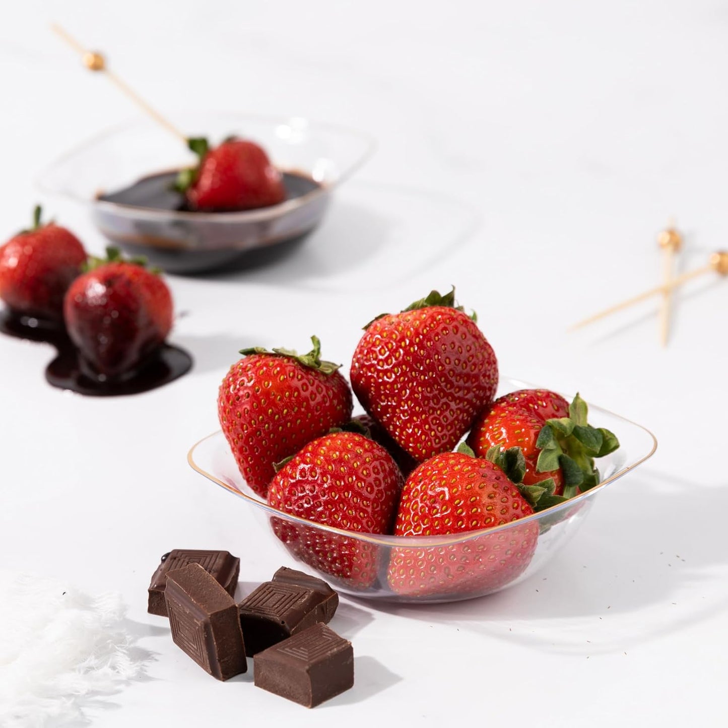 PLASTICPRO White Plastic Organic Party Square Dessert bowls Clear With Gold Rim Elegant Disposable Tableware Dishes 6 OZ 32 Count