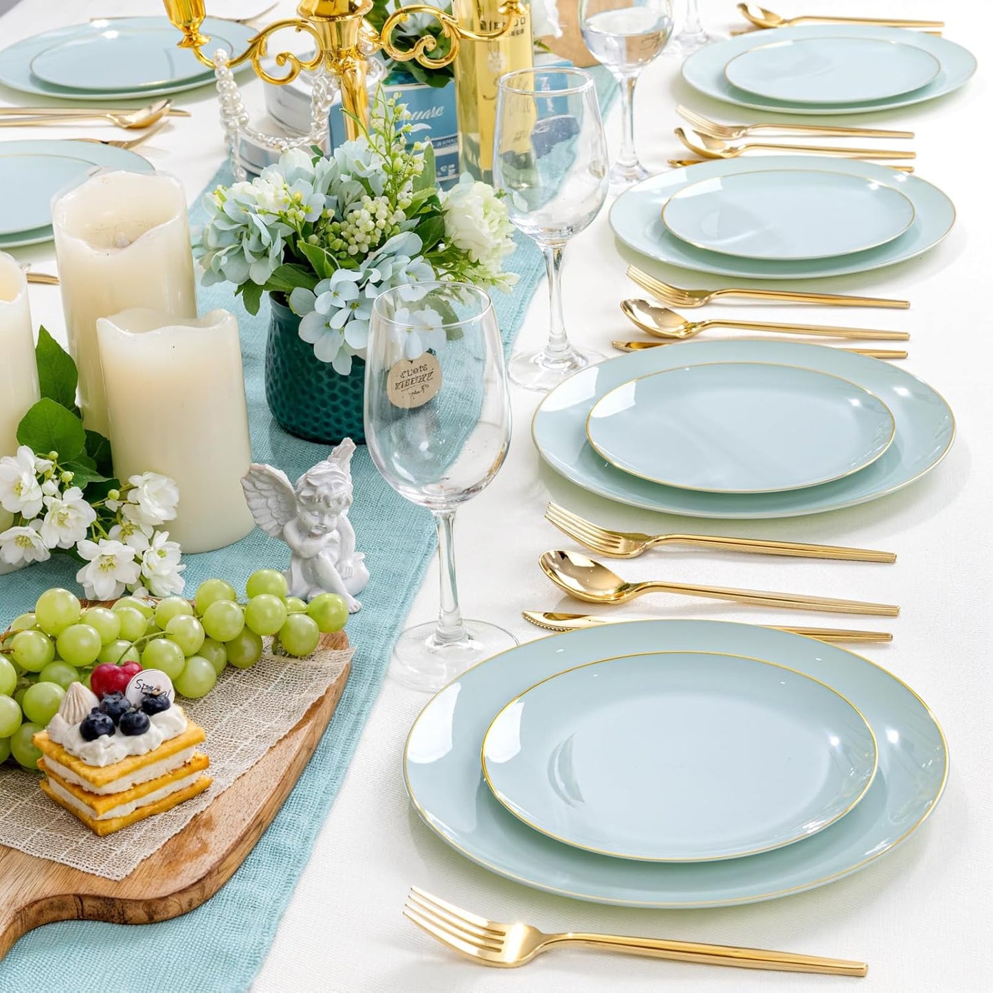 PULOTE 100PCS Sage Green Plastic Plates - Disposable Sage Green Include 50 Dinner / 50 Dessert Plates for Party, Wedding&Easter