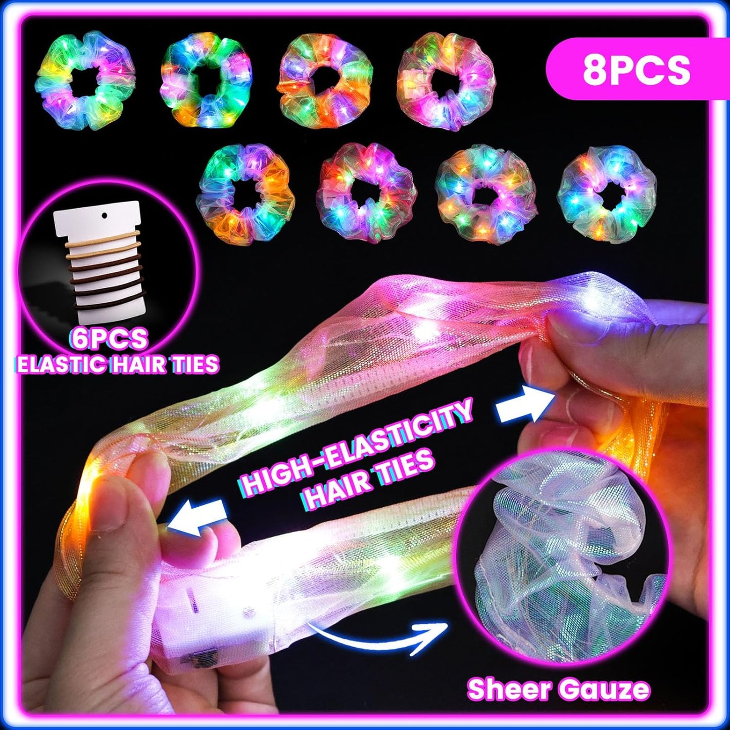 LovesTown 16PCS LED Scrunchies, Light up Scrunchies Multi Light Modes Glow in the Dark Hair Accessories for Women Rave Party Decorations