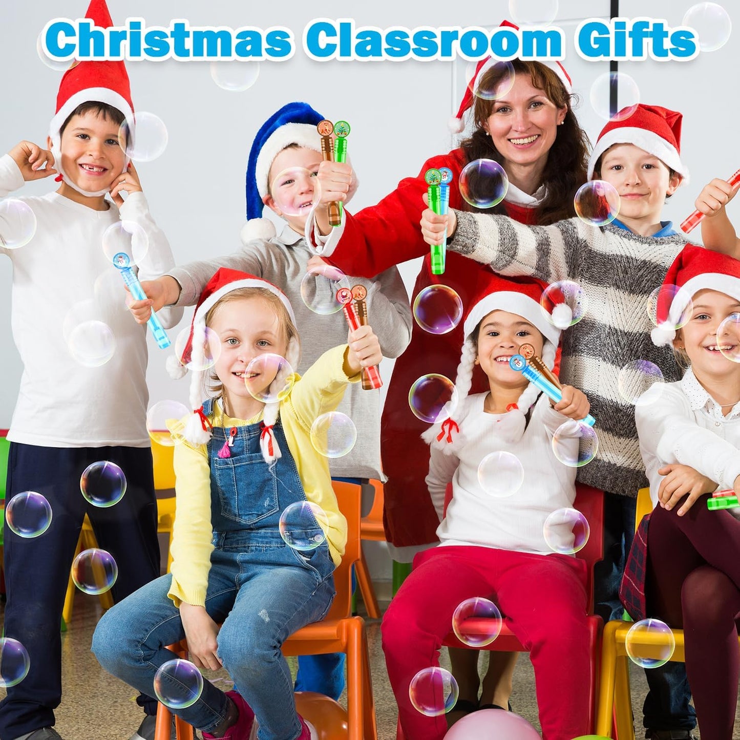 Bulk Christmas Party Favors Toys Gifts for Kids 64 Pack,Xmas Mini Bubble Wands Non Candy Treats Trinkets Goodie Bag Stocking Stuffers Fillers for Toddlers,Christmas Classroom Prizes Games for Students