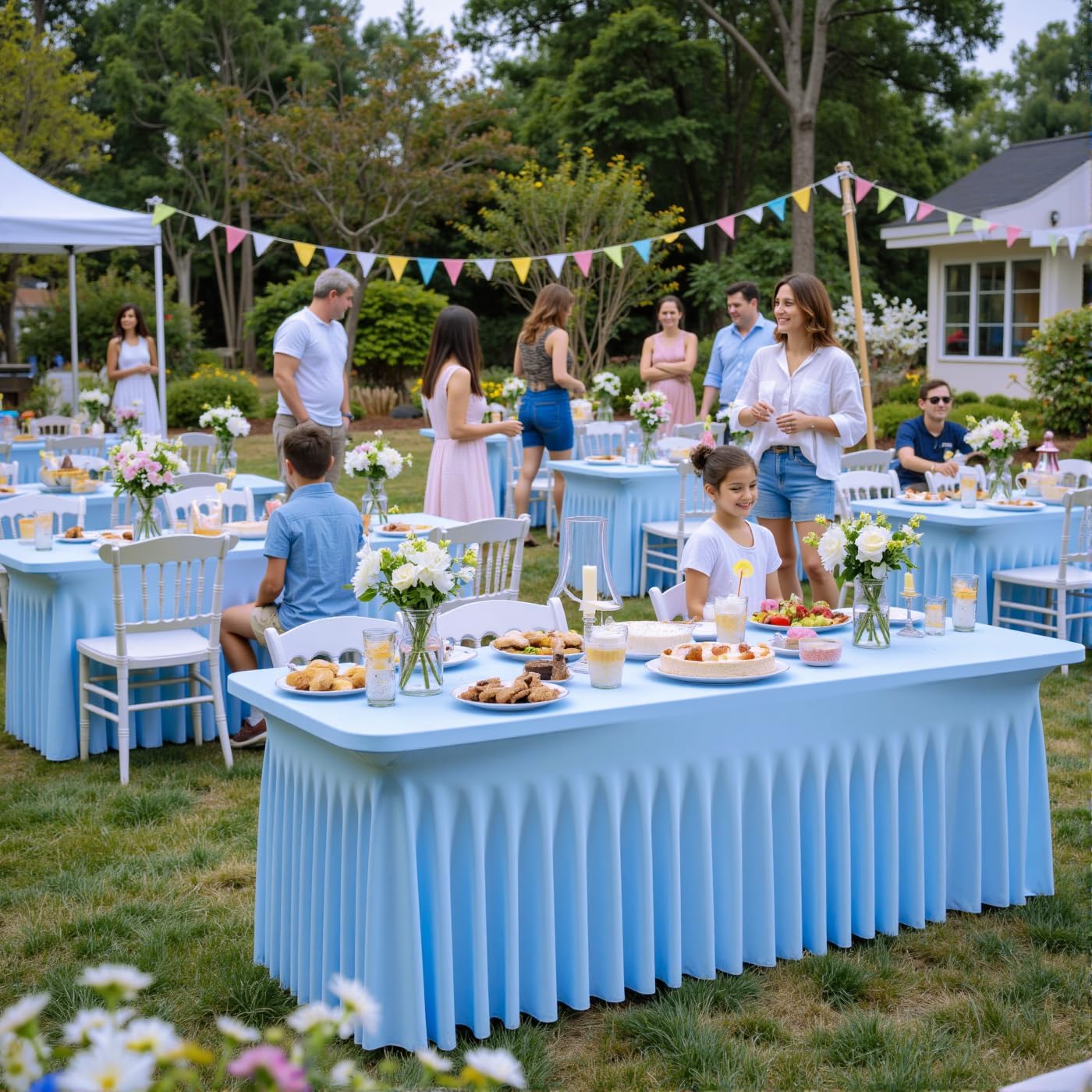 4 Pack Spandex Baby Blue Tablecloth for 8 Foot Rectangle Tables, Wrinkle Free Fitted Table Cloth 8ft Stretchy Light Blue Tablecover Desk Skirt for Birthday Party Wedding Banquet Baby Shower