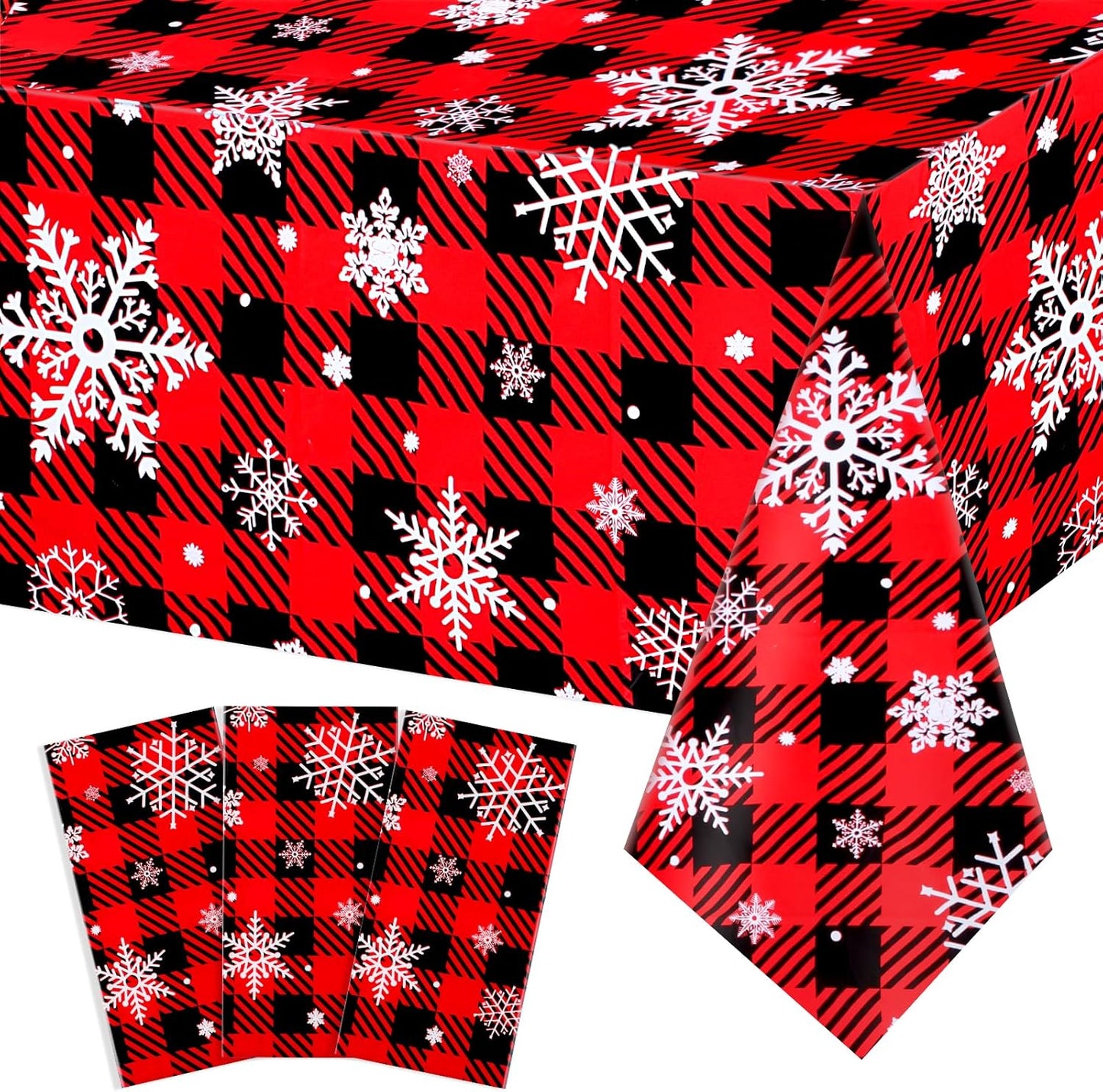 3 Pack Christmas Buffalo Plaid Snowflake Tablecloths, 54 x 108 inch Winter Snowflake Plastic Table Cloth Disposable Rectangle Table Cover for Christmas New Year Holiday Party