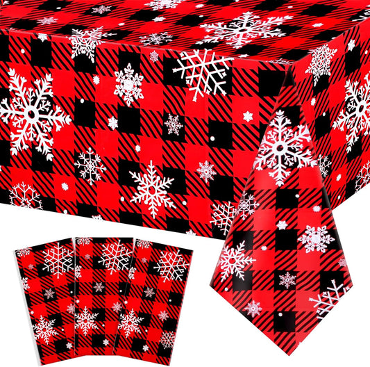 3 Pack Christmas Buffalo Plaid Snowflake Tablecloths, 54 x 108 inch Winter Snowflake Plastic Table Cloth Disposable Rectangle Table Cover for Christmas New Year Holiday Party
