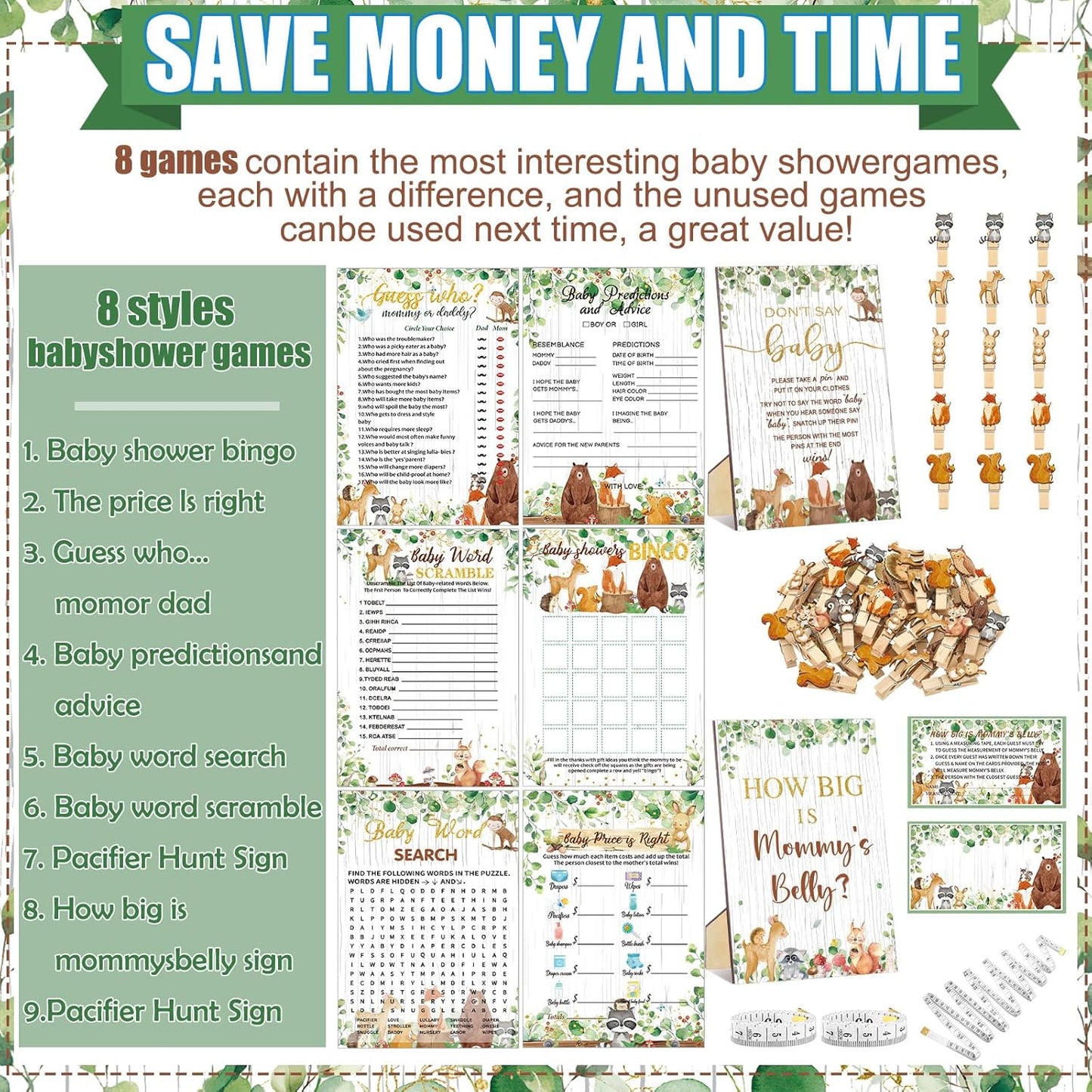 426 Pcs Woodland Baby Shower Games Set-8 Games, Includes Baby Shower Bingo, Price is Right, Guess Who, Word Scramble, Prediction and Advice, How Big is Mommy's Belly, Don't Say The Words