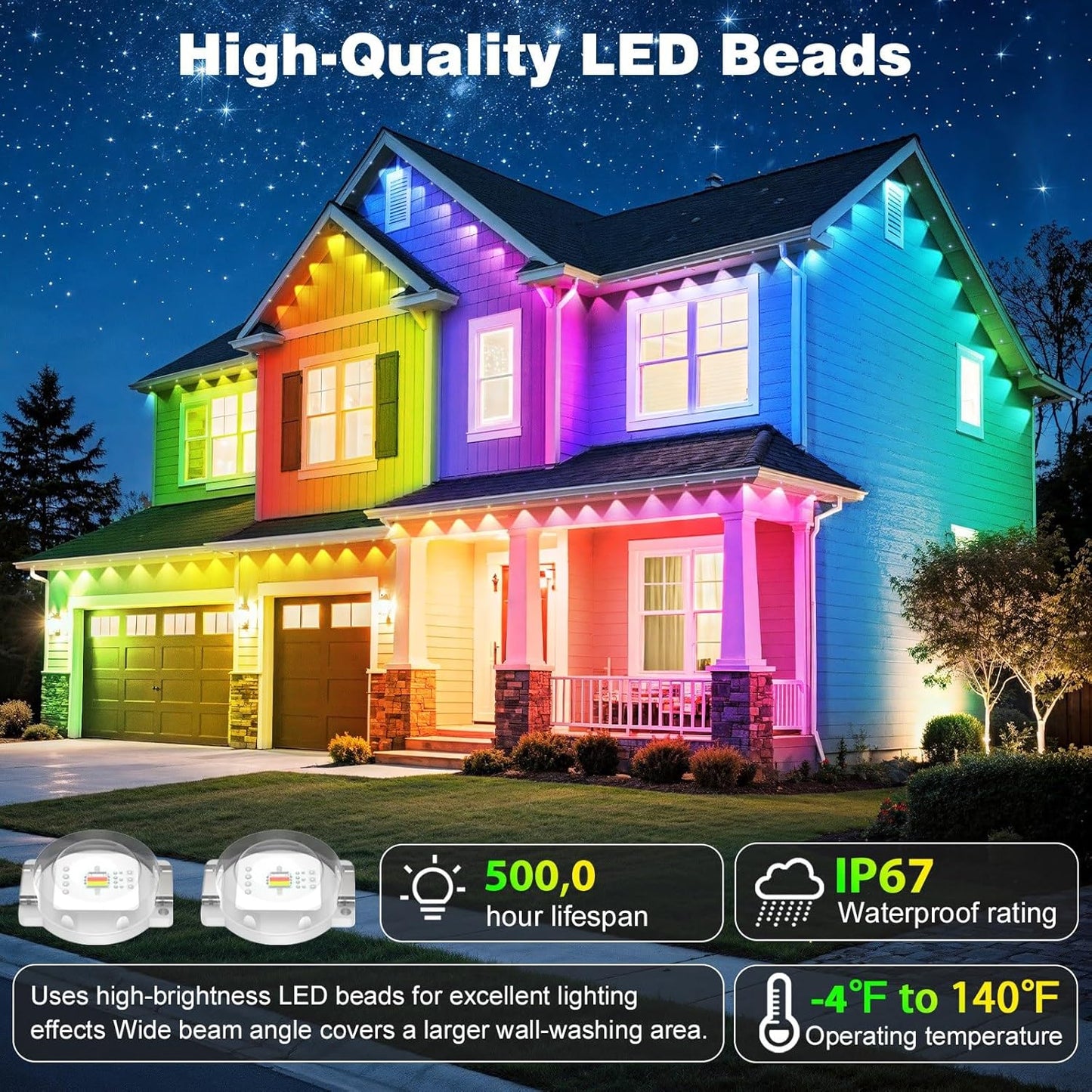 LITSOUL 500FT Permanent Outdoor Lights for House Waterproof, Smart RGB Eave LED Lighting with 16 Million Colors, IP67 Outdoor Strip Lights for Christmas Halloween Holiday Daily Decorations(500FT)