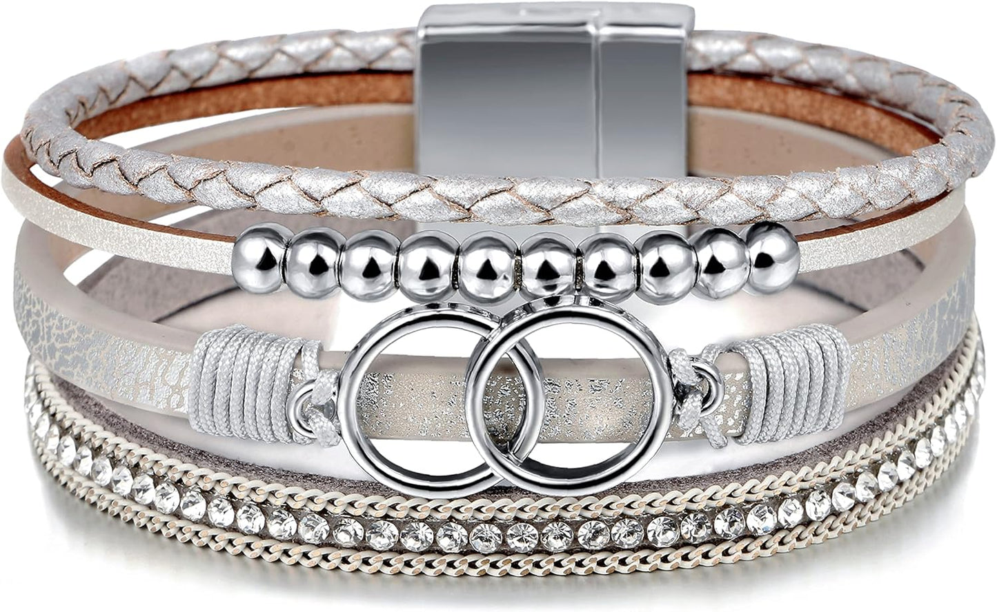 Fesciory Leopard Bracelet for Women, Boho Leather Wrap Multi-Layer Pearl Crystal Bracelet Bangle Jewelry