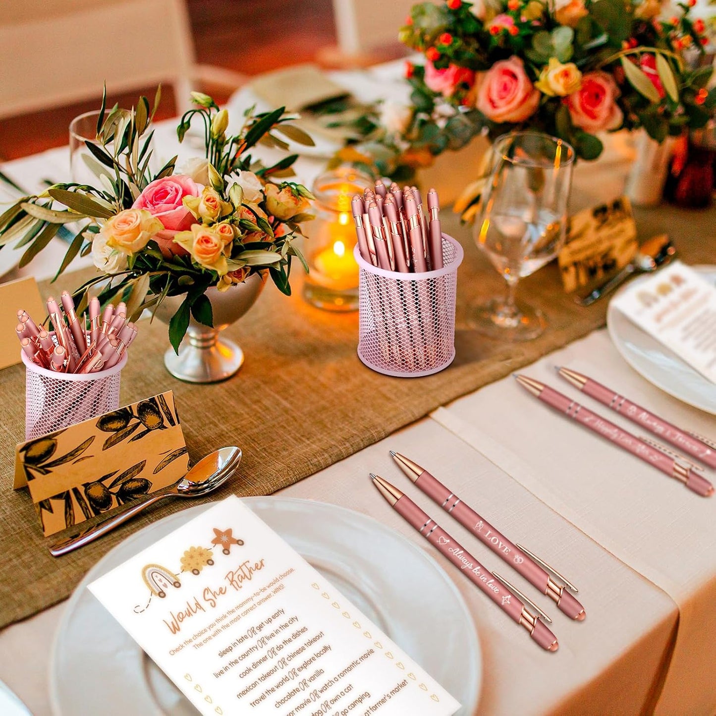 Kisston 36 Pcs Wedding Pens Bulk Bridal Shower Pens Favors Bachelorette 6 Styles Retractable Ballpoint Wedding Favors Supplies for Guest Game Office(Rose Gold)