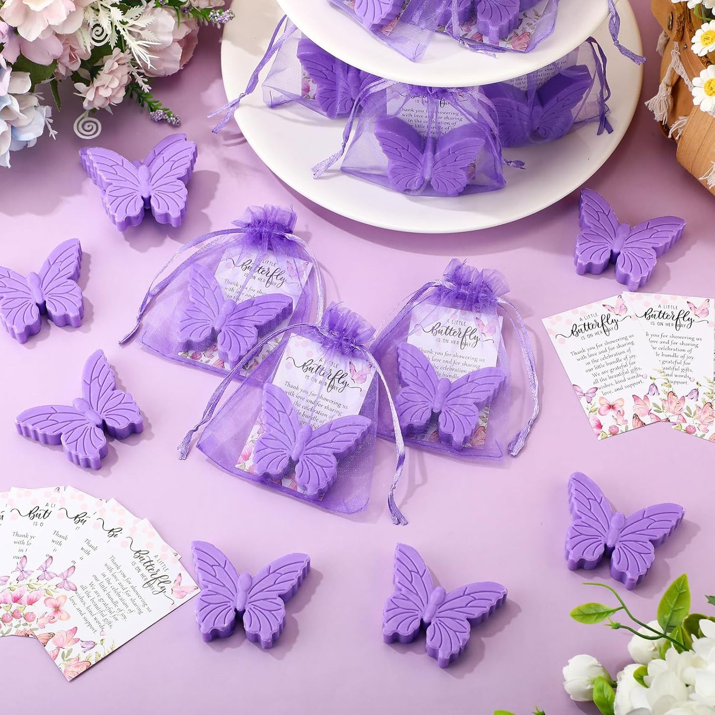 50 Sets Butterfly Themed Baby Shower Favors Butterfly Soap with Thank You Cards Gift Bag for Guest Gender Reveal Party Decorations Baby Shower Game Prizes Wedding Favor(Purple)