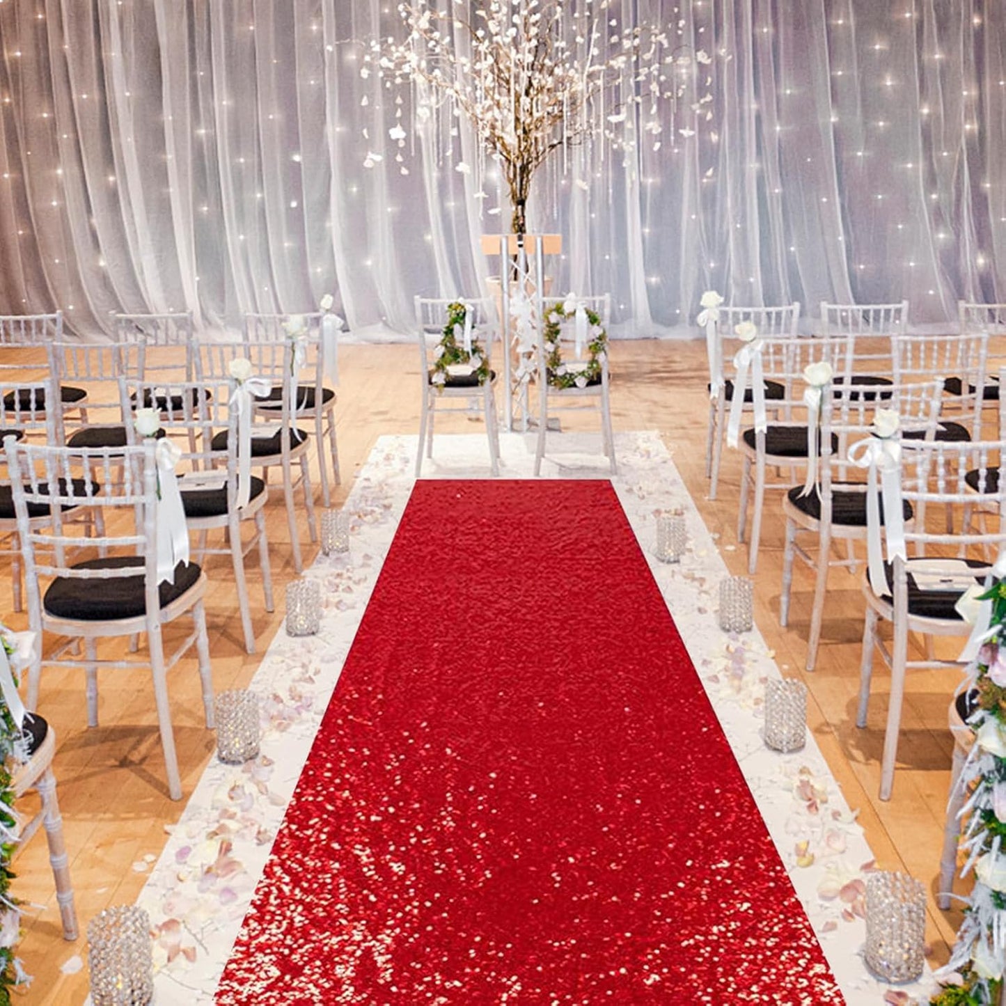 PartyDelight Wedding Aisle Runner for Ceremony Red 4FTx15FT Sequin Carpet Sparkly Rug for Indoor Outdoor Weddings Engagement Decoration