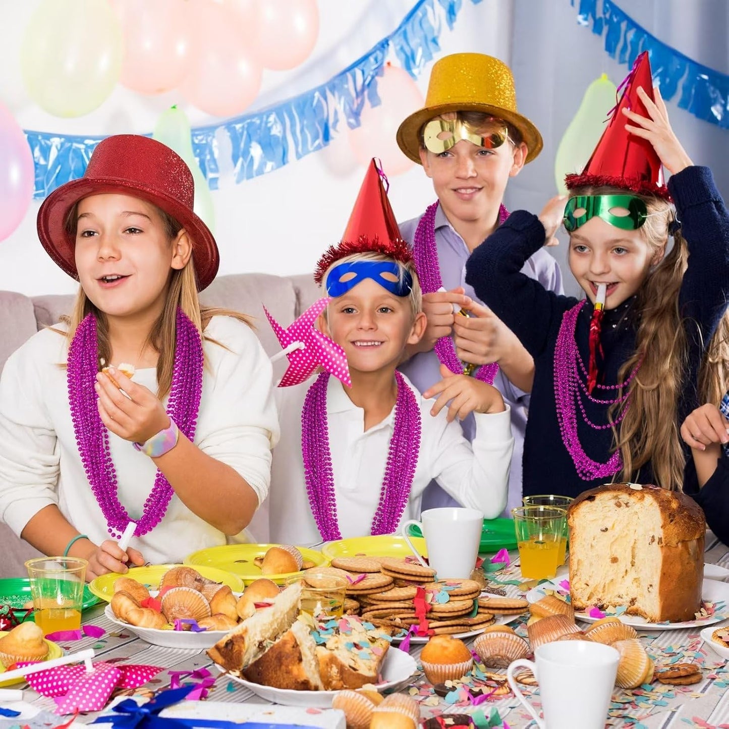 24PCS Bead Necklace, 33" Rose Red Bead Necklaces Bulk, Mardi Gras Beads Necklace Costume Bulk, Festival Parade Throw Accessories for Wedding Birthday Gender Reveal Party Events Supplies Decorations