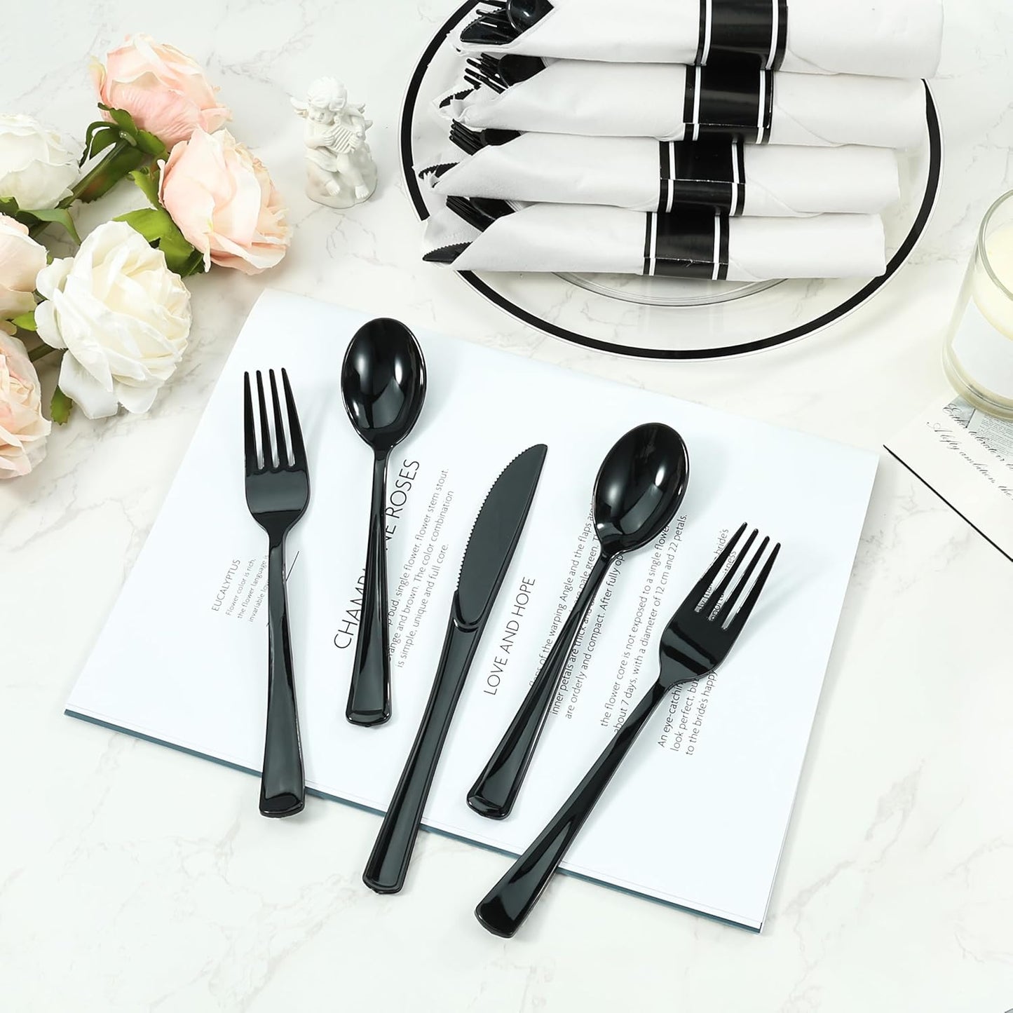 Goodluck 50 Set Black Pre Rolled Plastic Cutlery Set, Wrapped Silverware Set with 50 Forks, 50 Knives, 50 Spoons and 50 Napkins, Perfect for Party, Wedding, New Year