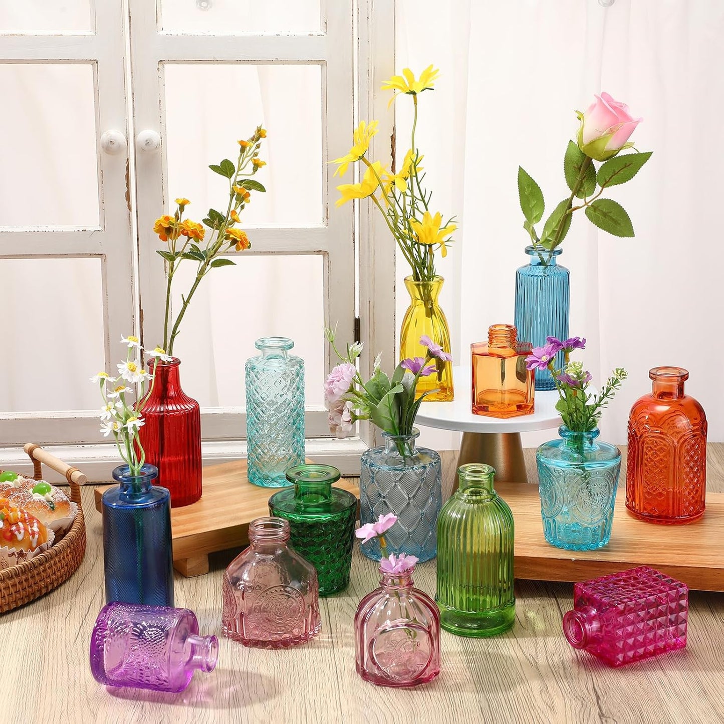 Yaomiao 30 Pcs Vases Bulk Colored Flower Glass Christmas Vases Bud Vintage Colored Glass Bottles Colorful Rustic Embossed for Home Wedding Table Decorations Gifts(Bright Color)
