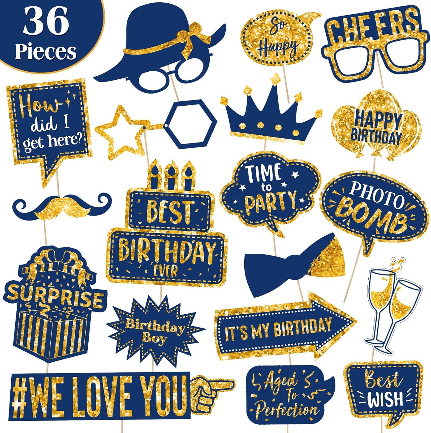 Outus 36 Pcs Birthday Photo Booth Props Kit Happy Birthday Graduation Wedding Party Favors Supplies Bday Party Decor 40th- 50th-60th Photobooth Funny Cute Holiday Selfie Supplies(Gold and Blue)
