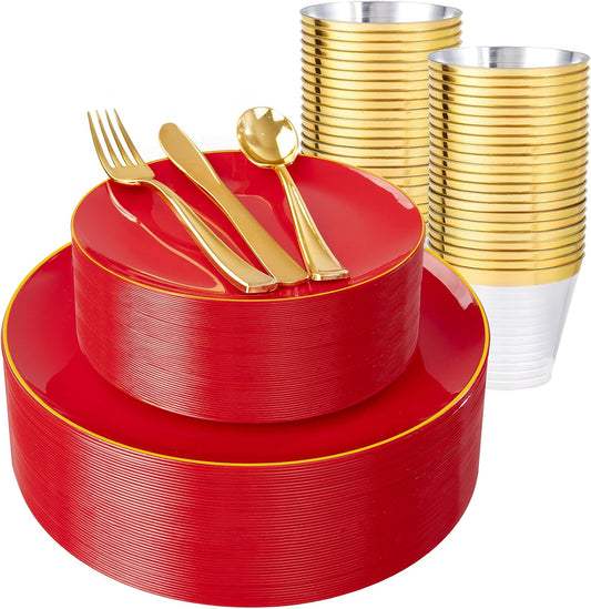 WDF 150Pcs Red Plastic Plates - Red Plates Disposable - 25Guest Christmas Dinnerware Include 25 Dinner Plate, 25 Dessert Plate, 75 Cutlery & 25 9oz Cups for Christmas & Parties