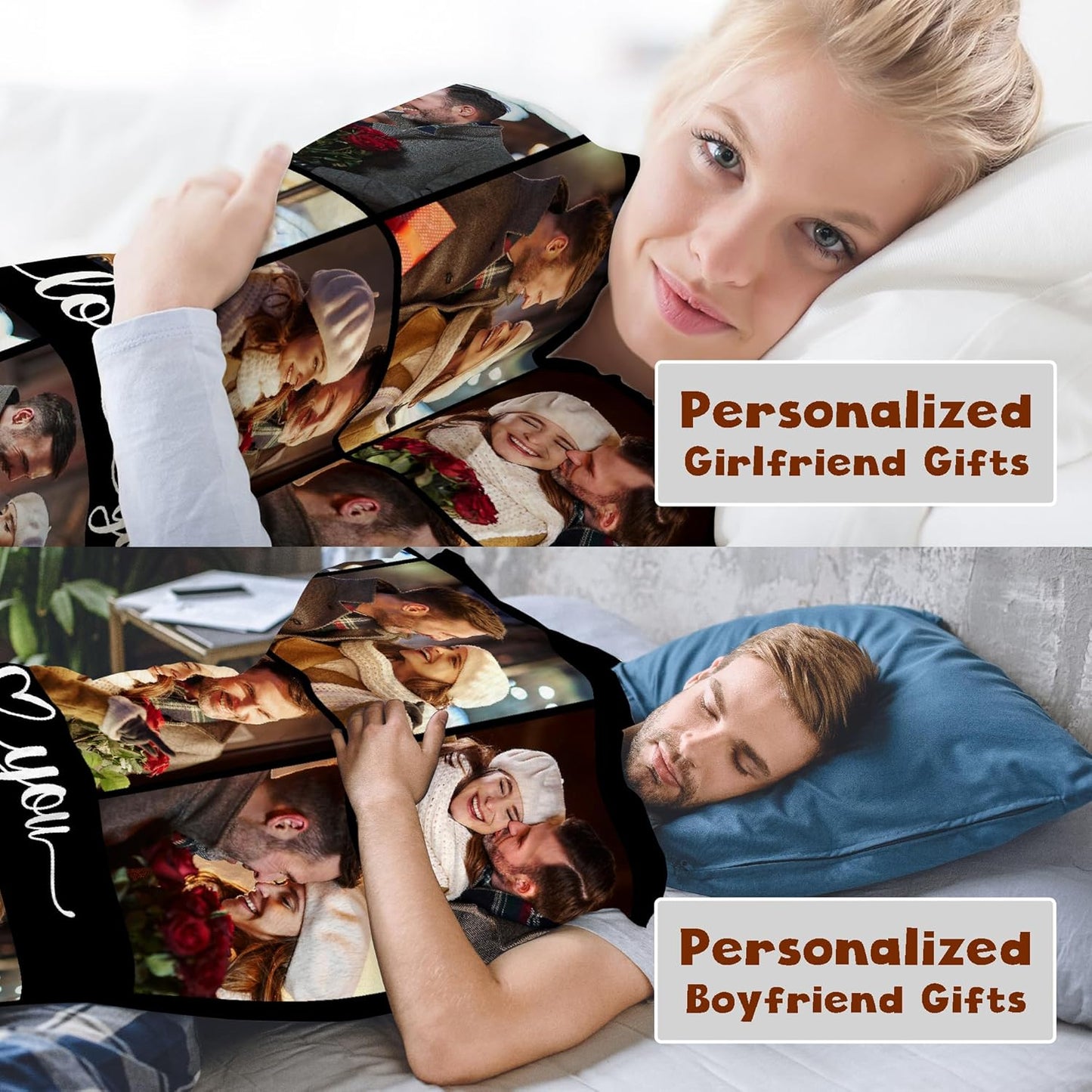 Personalized Valentine's Day Gifts for Boyfriend Girlfriend, Custom Photo Blankets with Names, I Love You Birthday Gifts for Wife Husband Her Him Anniversary Wedding Couple Gifts