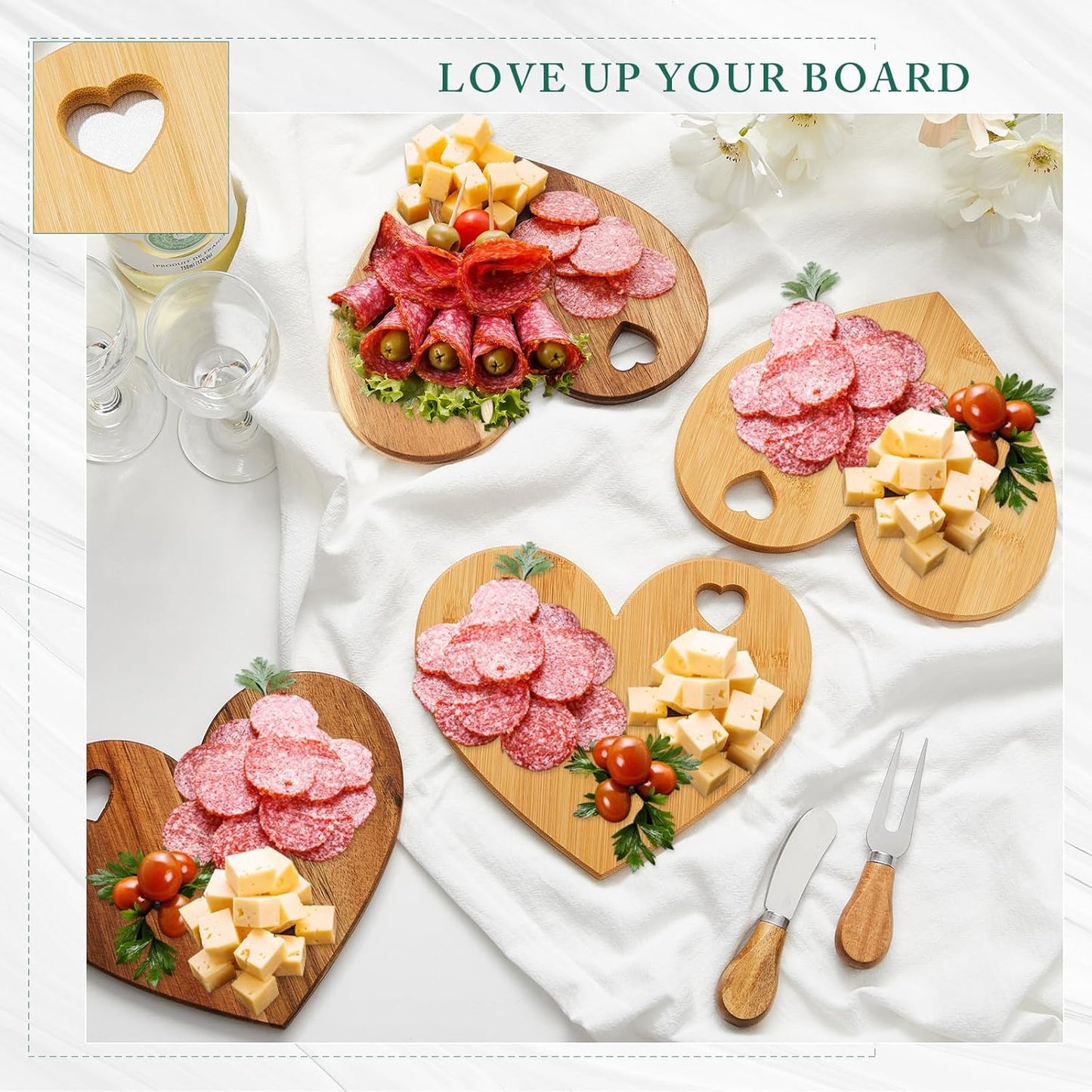Patelai 4 Set Bridal Shower Favor Heart Cheese Board Cheese Knives Wood Mini Charcuterie Board Thank You Gift Box for Guest Bridal Baby Shower Prize Wedding Birthday Valentines (Bamboo Color)
