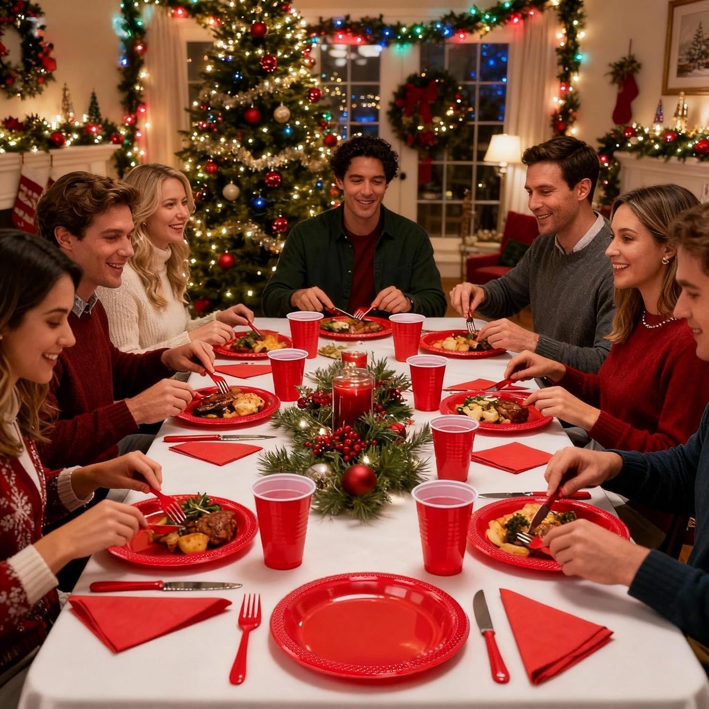 WELLIFE 210Pcs Red Plastic Plates, Christmas Plates Disposable, Party Supplies Including Red plates, 12oz Cups, Plastic Cutlery and Napkins Serve 30 Guests, Disposable Dinnerware Set for Christmas