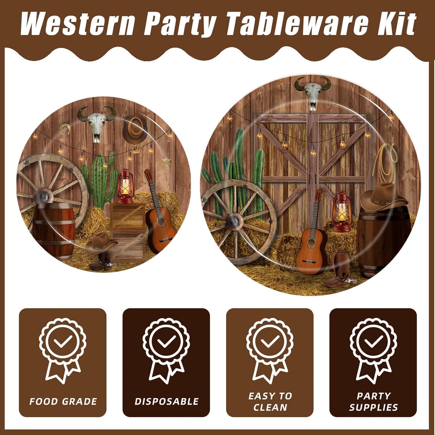 96 Pcs Western Party Plates, Western Cowboy Birthday Party Decorations Supplies Rustic Wild West Birthday Party Paper Plates Napkins Wooden House Barn Door Baby Shower Tableware, Serves 24