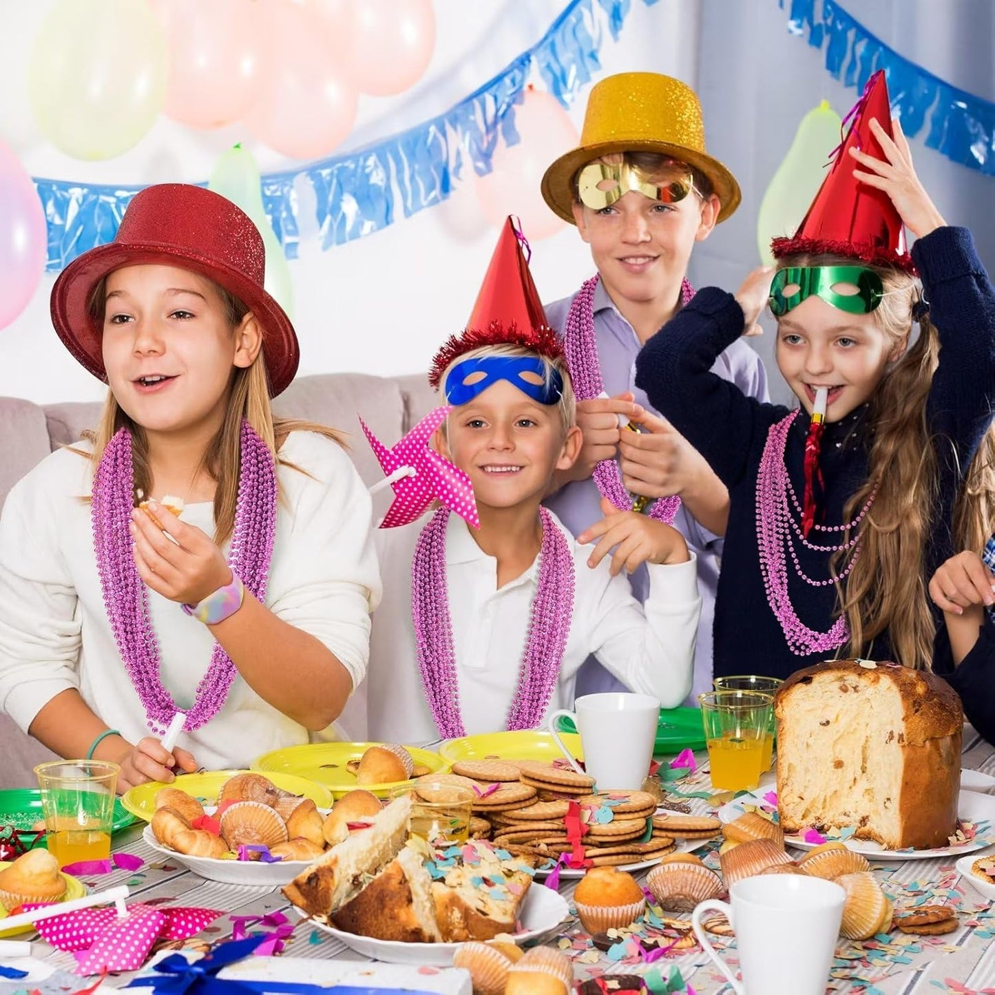 24PCS Bead Necklace, Breast Cancer Awareness Beaded Necklaces Stuff, 33" Mardi Gras Beads Necklace Costume, Festival Parade Throw Accessories for Wedding Birthday Gender Reveal Party Events Supplies