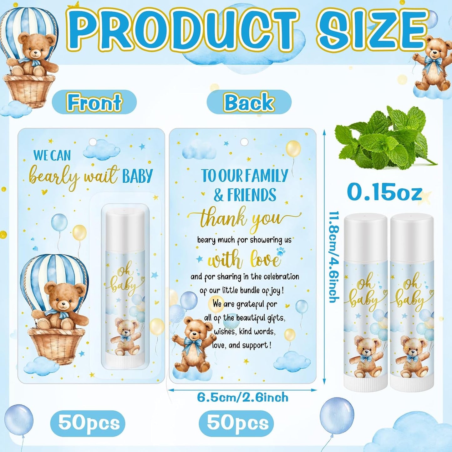 50 Pack Bear themed Baby Shower Favor Baby Shower Lip Balm Party Gifts for Guest Games Prizes Friends Gender Reveal Girls Boys Halloween Thanksgiving Christmas