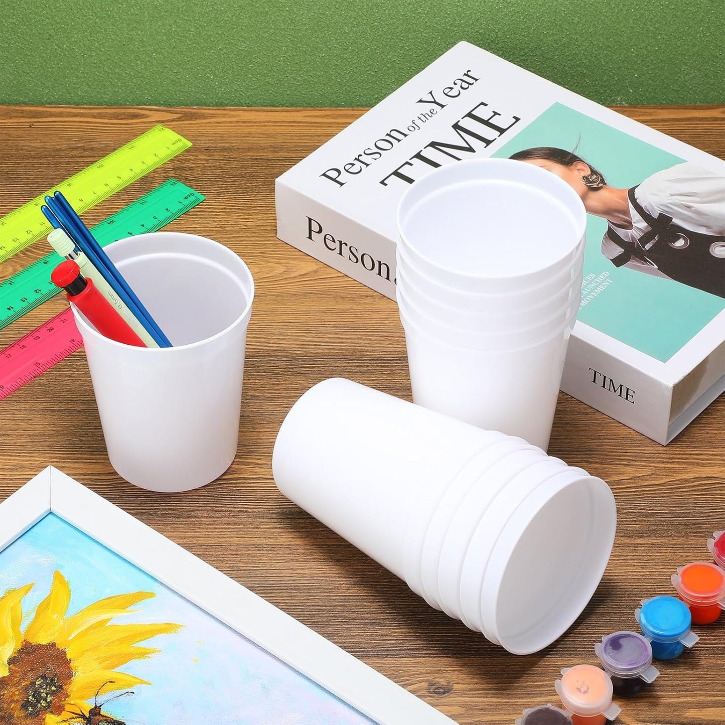 Yungyan 100 Pack 16oz Stadium Cups Reusable Plastic Cups Blank Drink Tumblers for Parties, Events, DIY Projects, 4.5 x 3.54 x 2.72 Inch (White)