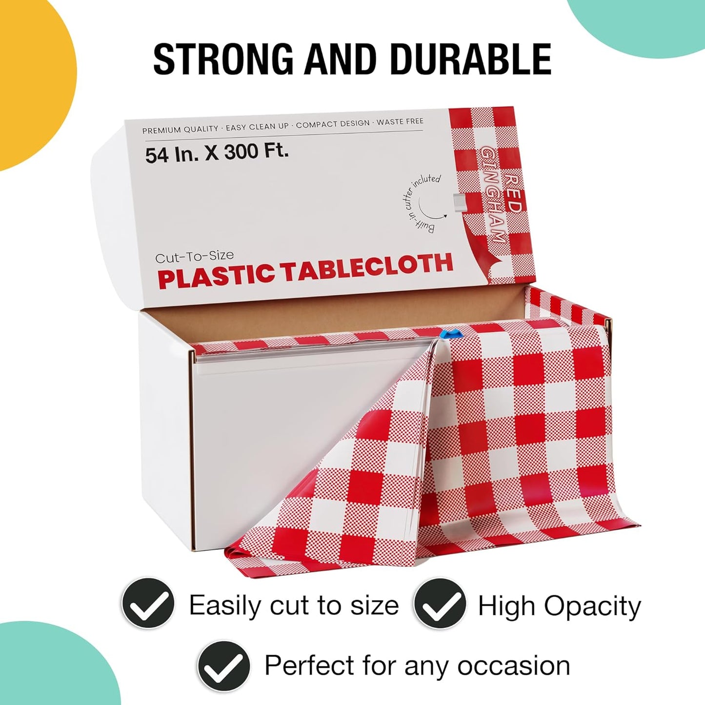 Party Solids 54 Inch X 300 Feet Red Gingham Plastic Table Cover Roll in A Cut - to - Size Box with Convenient Slide Cutter. Cuts Up to 36 Rectangle 8 Feet Plastic Disposable Tablecloths