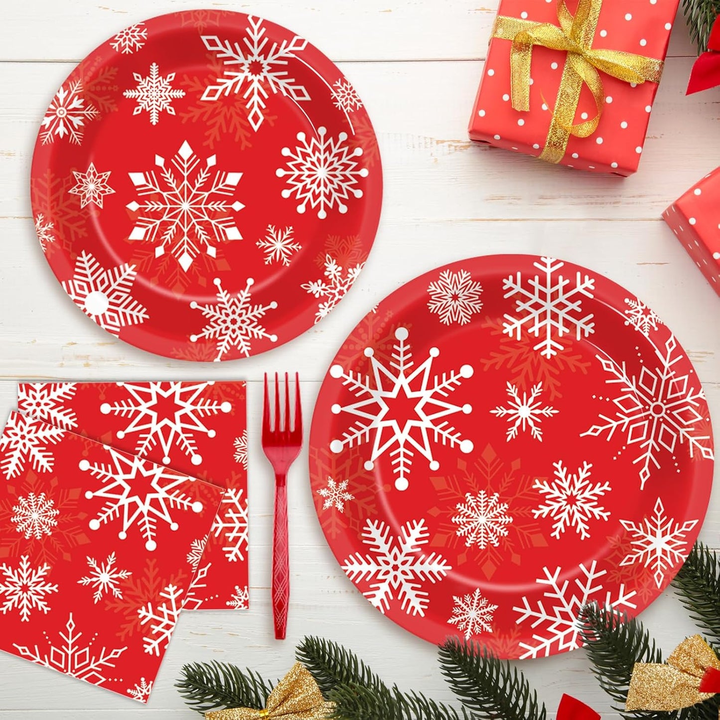 ZOIIWA 200 PCS Christmas Theme Party Tableware Disposable Merry Christmas Party Supplies Dinnerware Set Xmas napkins Snowflakes Paper Plates Bulk Christmas Dinnerware Party Decoration Serve 50 guest
