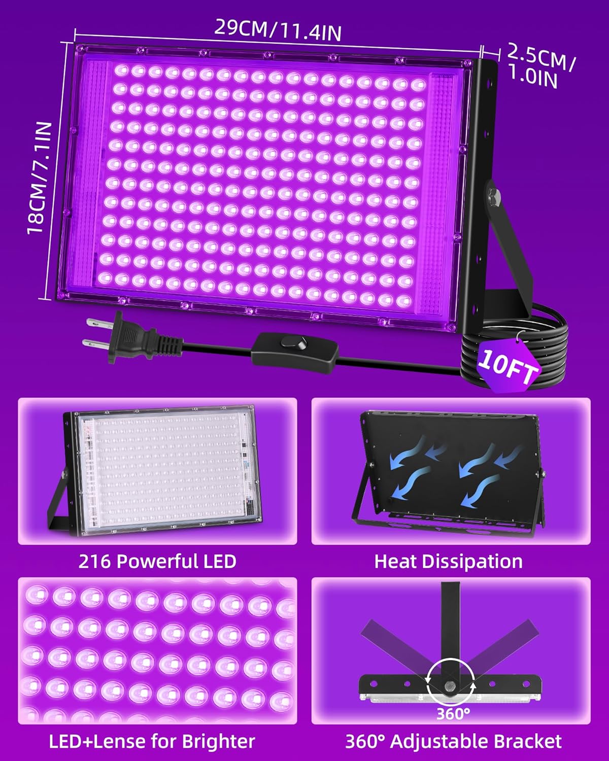 200W LED Black Lights IP66 Waterproof Black Light Outdoor with 10ft Plug+Switch, Flood Blacklight for Halloween Glow in The Dark Party Stage Light Neon Glow Birthday 2 Pack