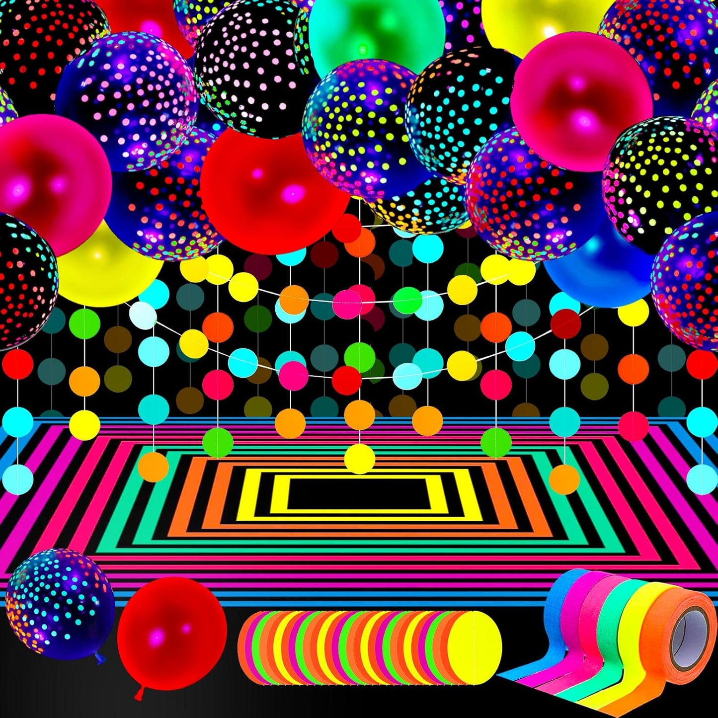 32 Pcs Glow in The Dark Party Supplies Christmas Neon Party Favors with 25 Fluorescent Balloon 6 Rolls 98.4 ft UV Blacklight Luminous Tape 14.4 ft Neon Streamer Garland for Adults(Classic Dot)