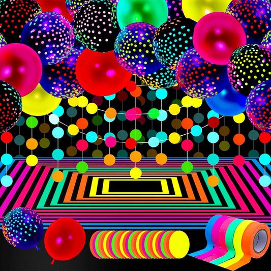 32 Pcs Glow in The Dark Party Supplies Christmas Neon Party Favors with 25 Fluorescent Balloon 6 Rolls 98.4 ft UV Blacklight Luminous Tape 14.4 ft Neon Streamer Garland for Adults(Classic Dot)