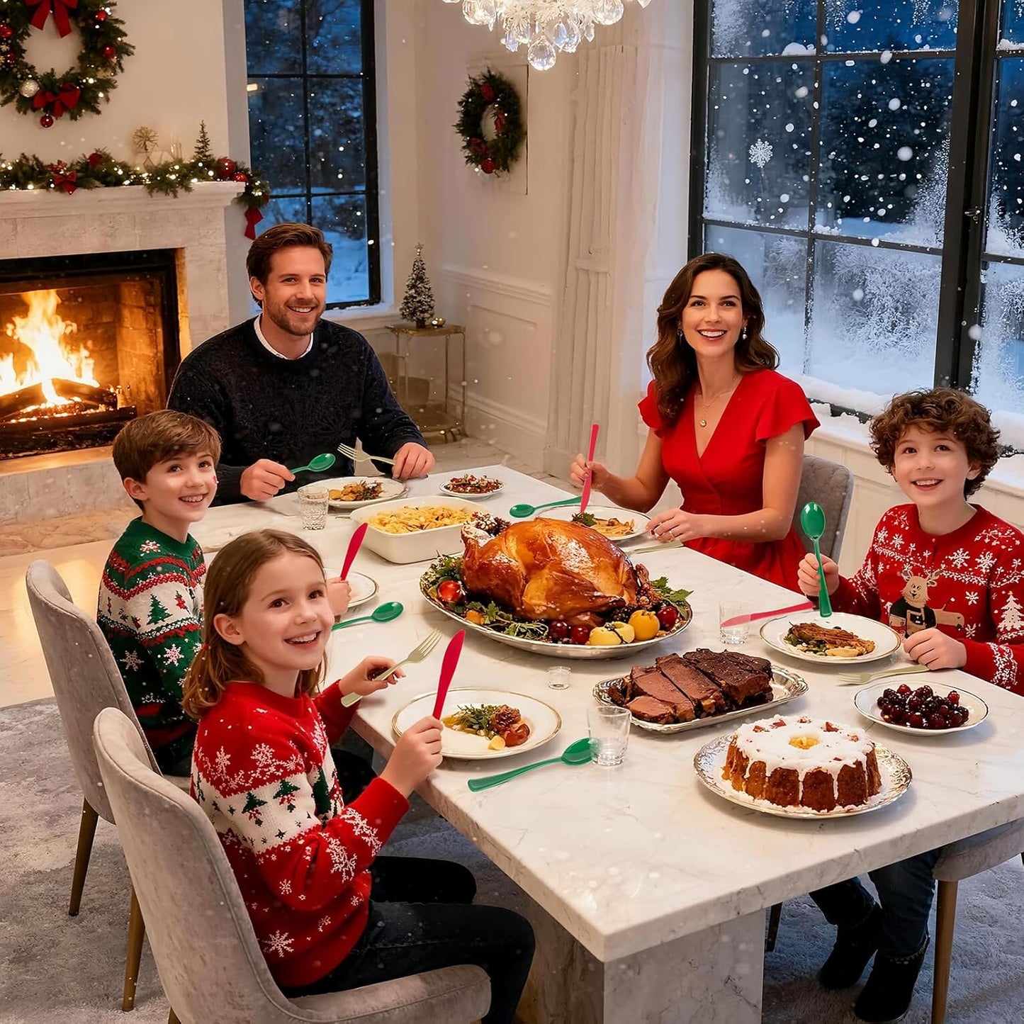 Liacere 100Pack Pre Rolled Silverware and Napkin - Wrapped Plastic Cutlery Set with Napkin:100 Gold Forks,100 Red Knives,100 Green Spoons,100 Napkins for Christmas