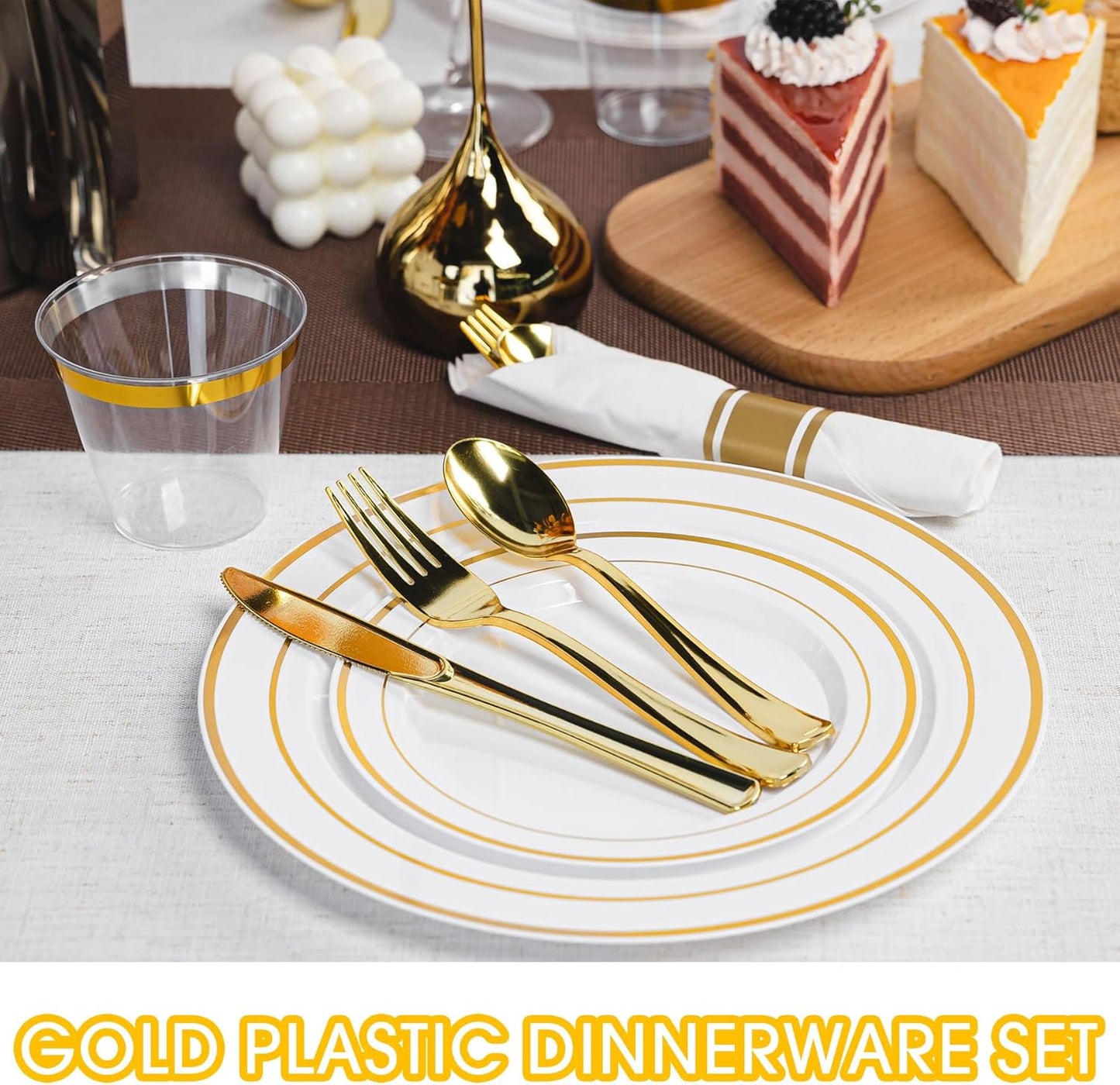 350PCS Gold Plastic Plates Dinnerware Set, Thanksgiving Disposable Plates, 50 Dinner and 50 Dessert Plates, 50 Pre Rolled Napkins with Silverware and 50 Cups for Party and Wedding