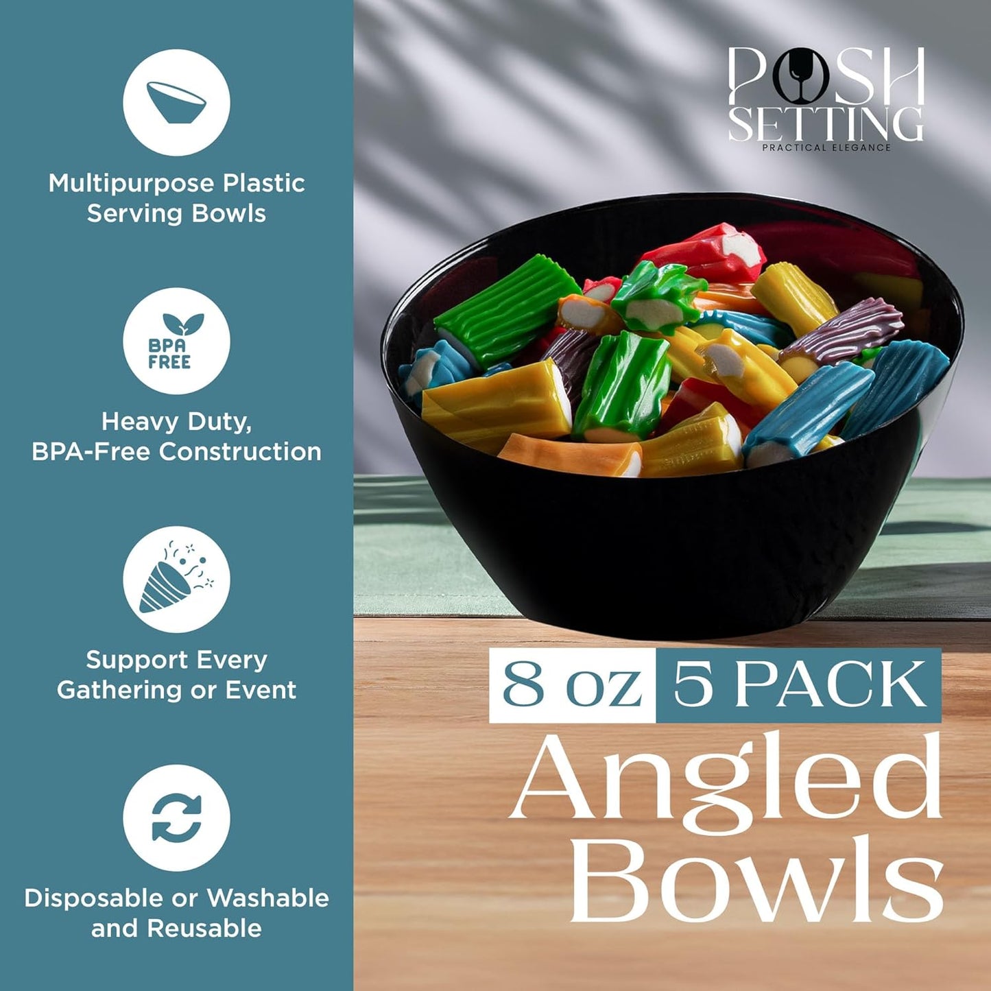 Posh Setting Black Plastic Serving Bowls Disposable - Angled Bowls - Angled Candy Bowl - Plastic Snacks & Chip Bowls for Parties - Black, Gold & Clear, White Serving Dishes, 8 OZ, 5 Pack