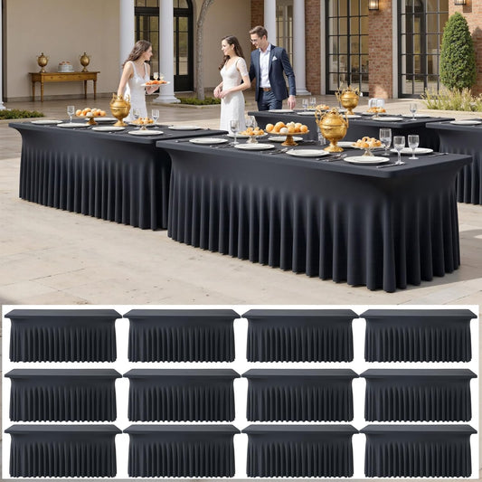 12 pk Black Spandex Tablecloth 6ft with Ruffled Skirt,Wrinkle Free High Stretch Fitted Tablecloths for 6 Foot Rectangle Tables,Pleated Elastic Spandex Table Covers 6 ft for Parties Wedding Banquet