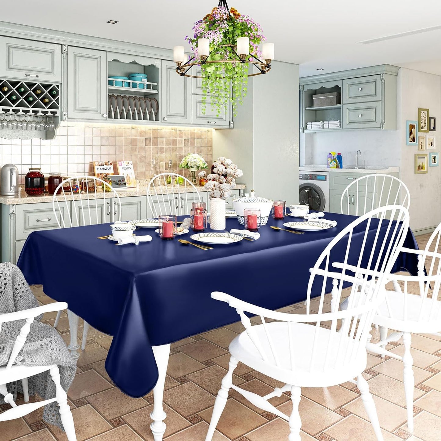 homing Rectangle Vinyl Tablecloth, Waterproof Spillproof Plastic Flannel Backed Table Cloth, Wipe Clean Table Cover for Dining, Buffet Parties and Camping (Navy Blue, 60" x 120")