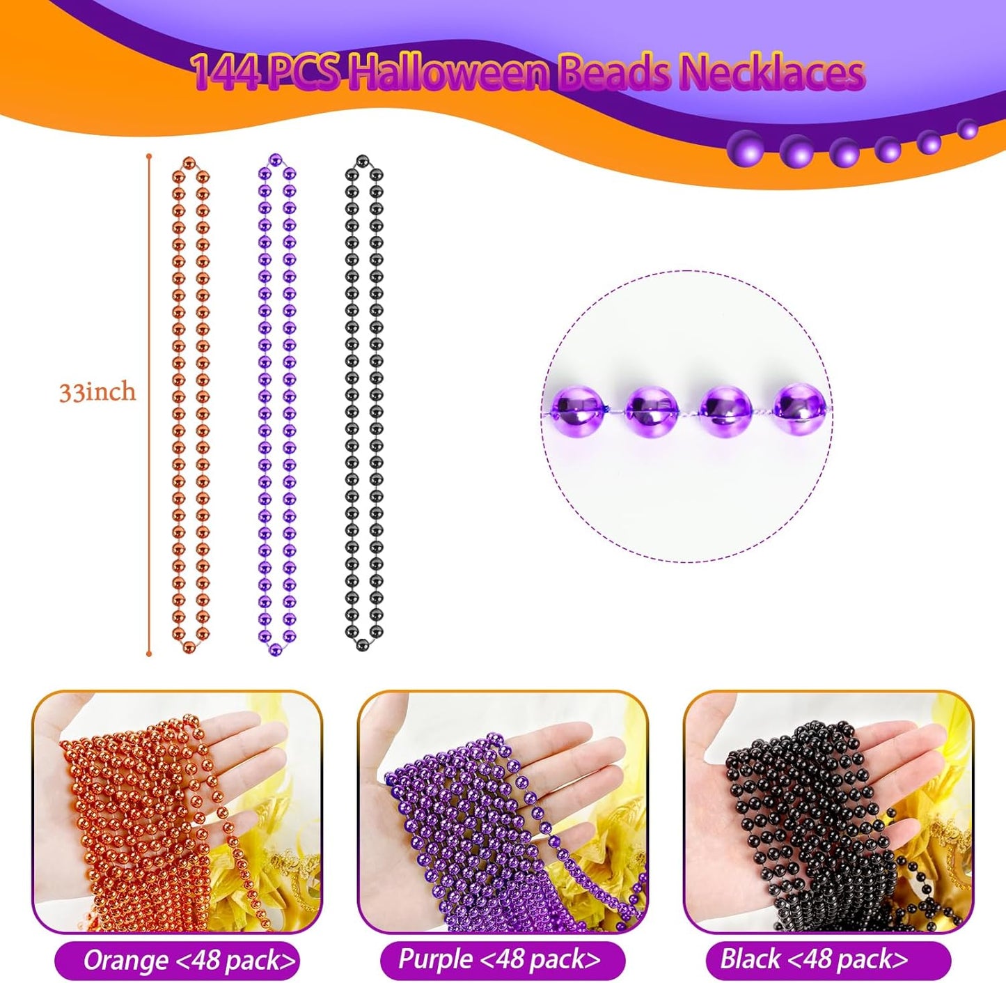 SHAOQINLIN 144PCS Halloween Bead Necklace, Purple Black Orange Bead Necklaces, 33" Metallic Beaded Party Necklaces for Halloween Parade Throws Halloween Trick or Treat Decorations