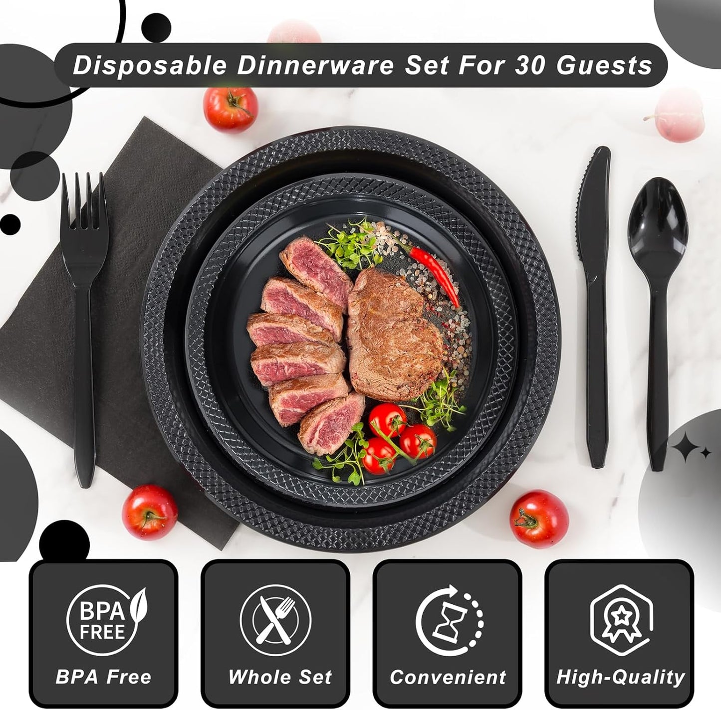 WELLIFE 210Pcs Black Plastic Plates, Disposable Dinnerware Set, Party Supplies Including Black plates, 12oz Cups, plastic Cutlery and Napkins Serve 30 Guests, Plastic Plates for Party