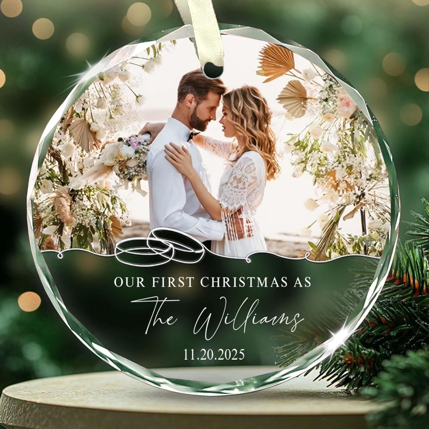 Personalized First Christmas Married Ornament, Custom Photo 1st Christmas Married Ornaments, Just Marry Ornaments Gifts for Newlyweds - Glass Wedding Ornament 2025 Gift for Couple with Box
