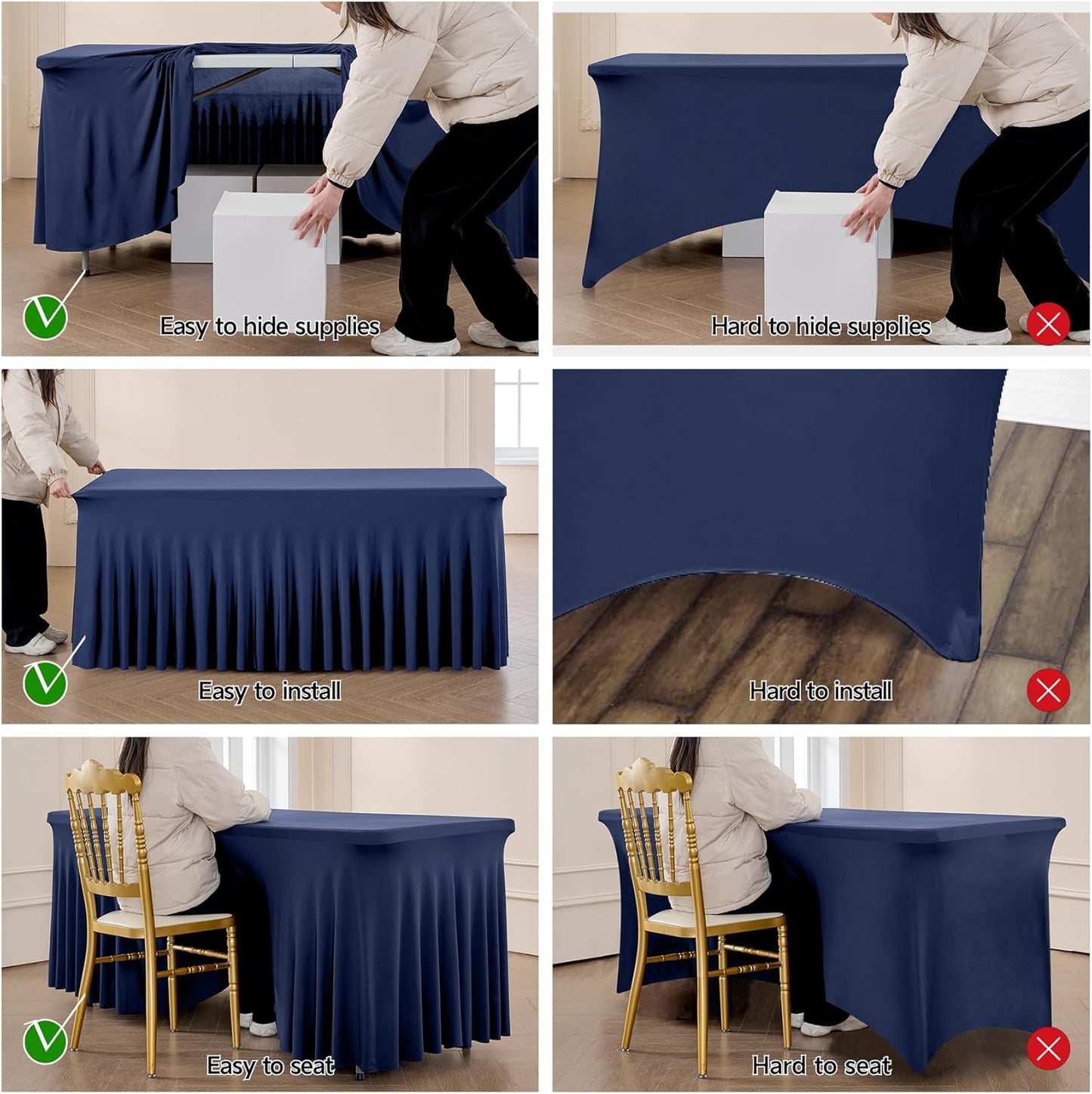 leegleri 6 Pack Navy Blue Spandex Tablecloths for 8 Foot Rectangle Tables, Wrinkle Free Fitted Table Cloths 8ft Stretchy Table Cloth Cover with Skirt for Parties Weddings Birthday Banquet Baby Shower