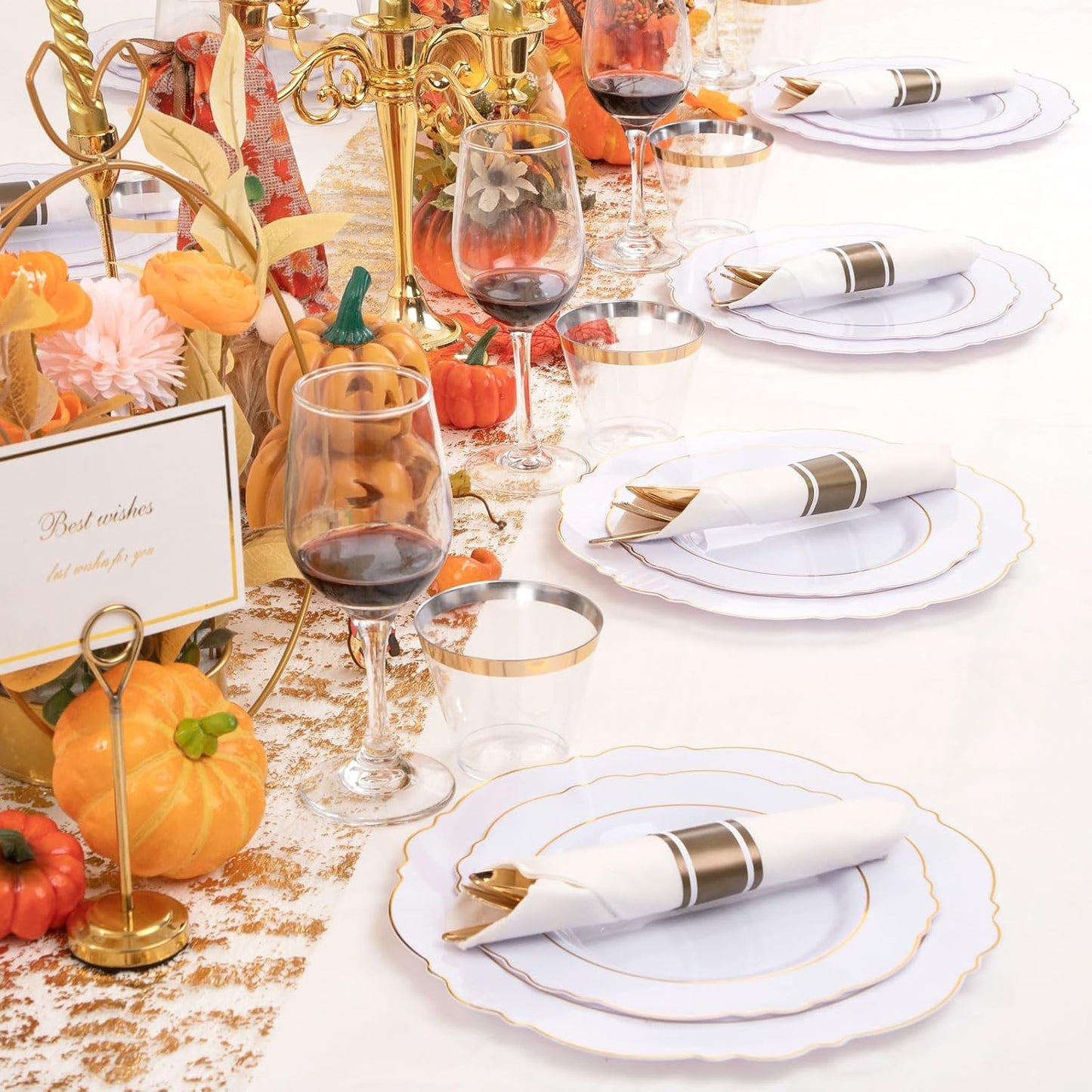 Liacere 350PCS Gold Plastic Plates-Disposable White and Gold Plates 50guest Baroque Plastic Dinnerware include 100Plates, 50Pack Pre Rolled Napkins with Silverware 50Cups for Wedding&Thanksgiving